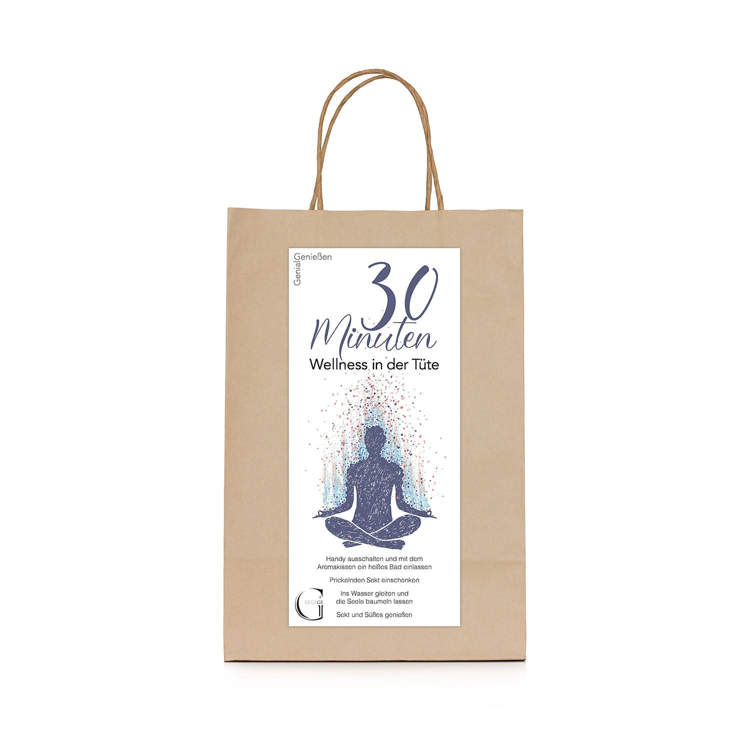 Die „30 Minuten Wellness – Geschenktüte“ ist eine braune Geschenktüte aus Papier mit einem weißen Etikett mit der Aufschrift „30 Minuten Wellness in der Tüte“, gestapelten Steinen und einer rosa Orchidee. Mit goldenen Griffen versehen, ist es eine ideale Geschenkidee für ultimative Entspannung.