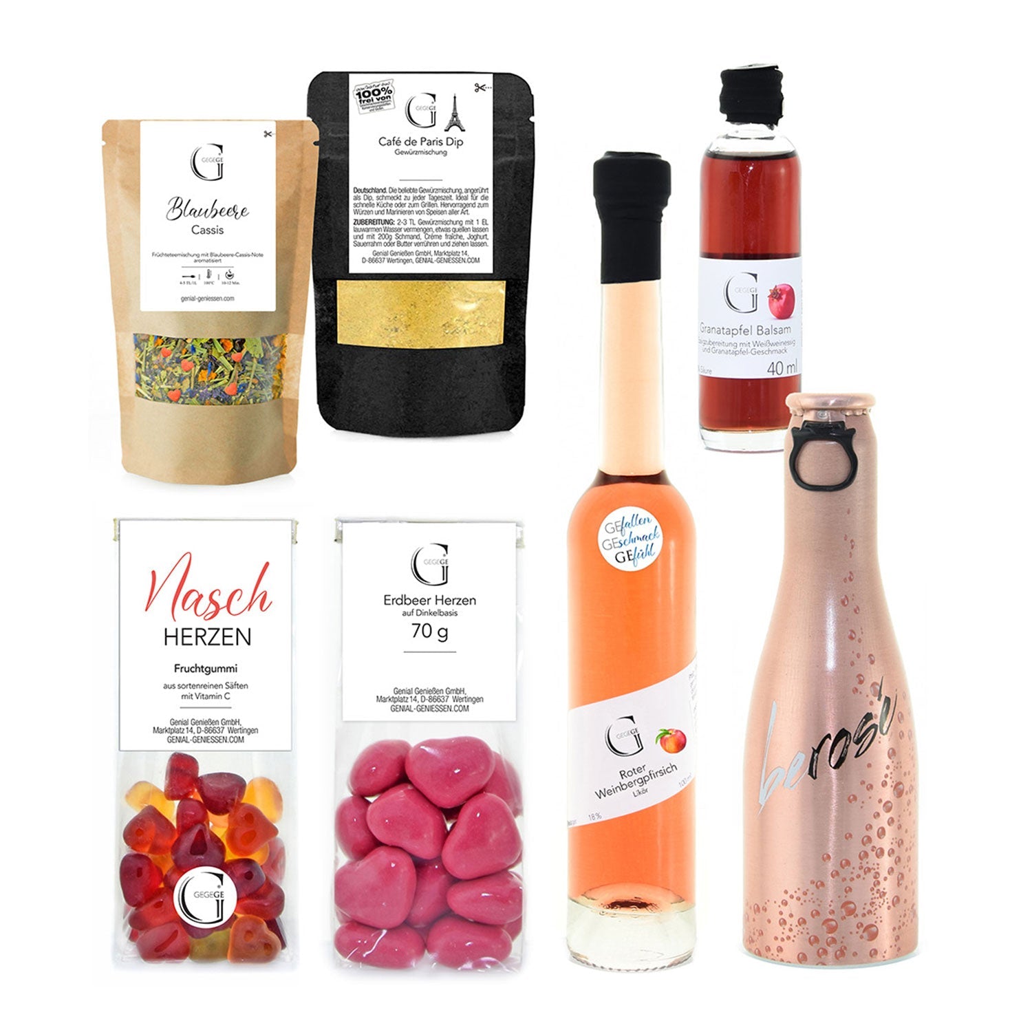 Erleben Sie das Von Herzen – Geschenkset voller Gourmetfreuden: zwei Likörflaschen, Balsamico-Essig, ein Kaffee-Gewürz-Dip-Paket, Blaubeer-Cassis-Mix, fruchtige Gummiherzen und eine roségoldene „Beroé“-Sektflasche für unvergessliche Genussmomente.