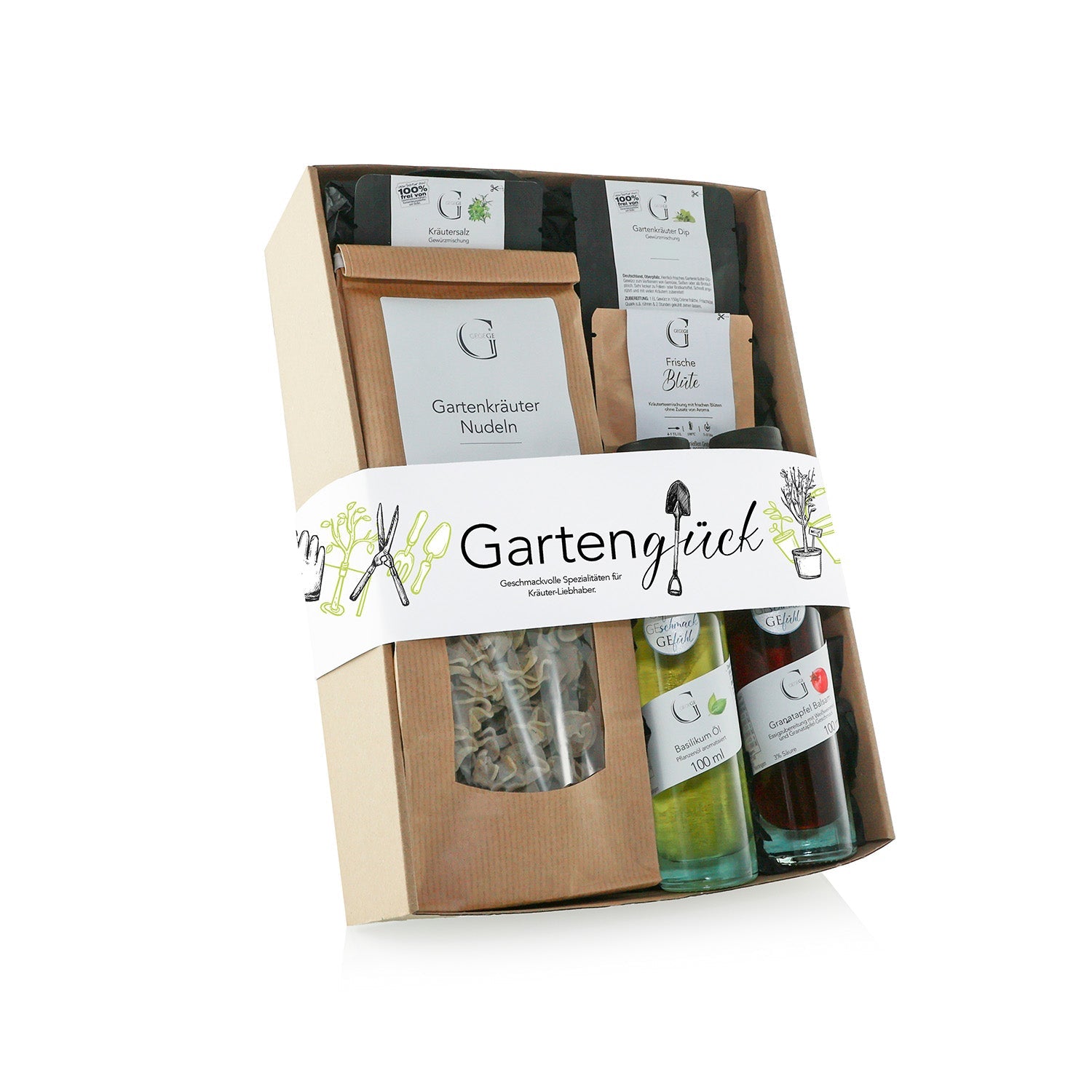 Das „Gartenglück – Geschenkset“ beinhaltet Gartenkräuter Nudeln, zwei Granatapfel Balsam Fläschchen und Kräutersalz Päckchen. Die Verpackung ist mit grünen und gelben Gartenkräuter- und Werkzeugillustrationen verziert.