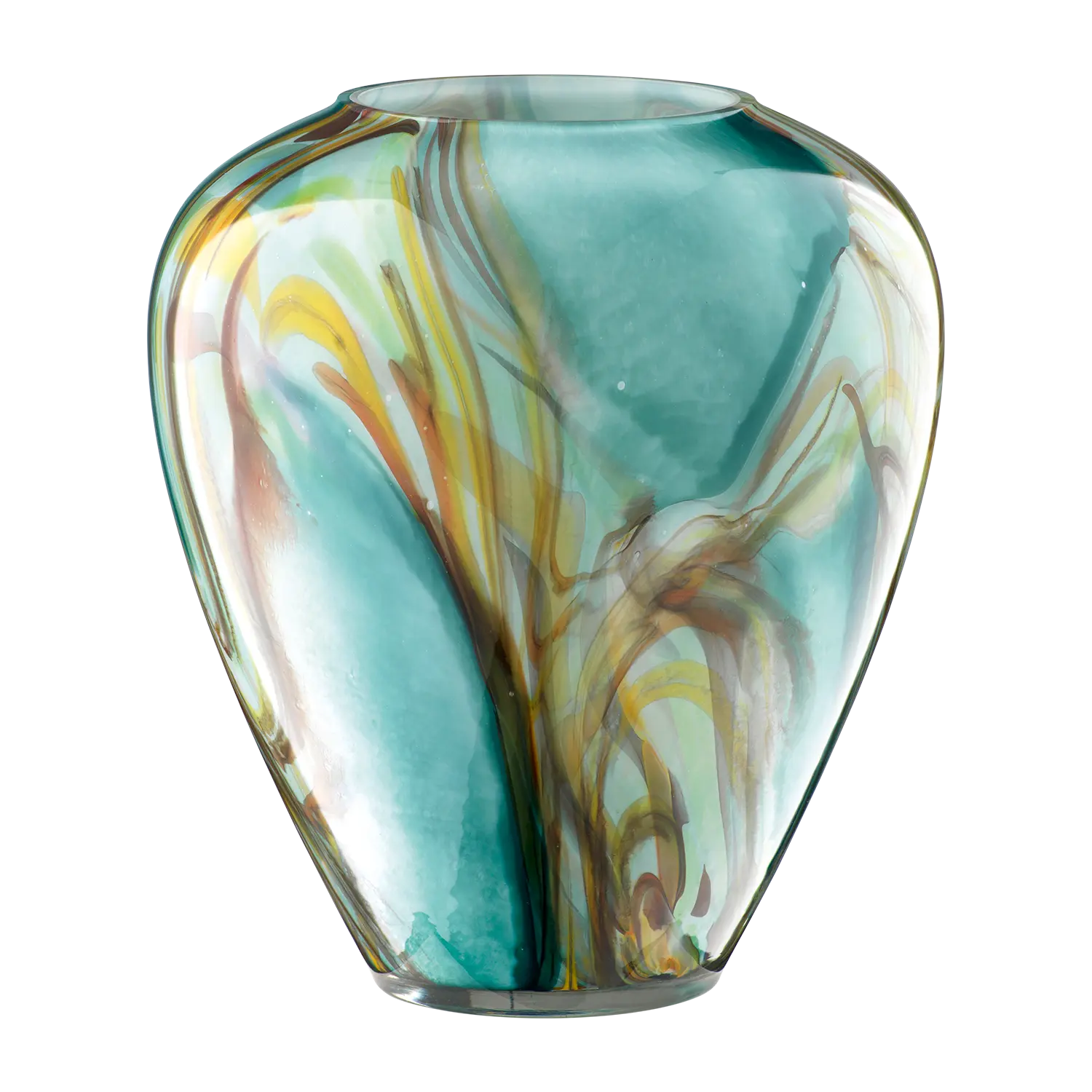 Handgefertigte Vase Murrina Glas mit teal, gelben und braunen Mustern.