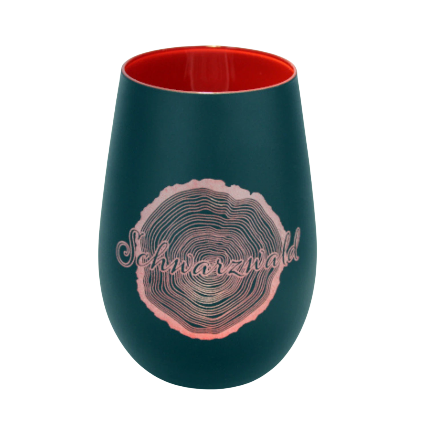 Dunkelgrünes Glaswindlicht mit Schwarzwaldgravur und Baumringdesign auf der Vorderseite.