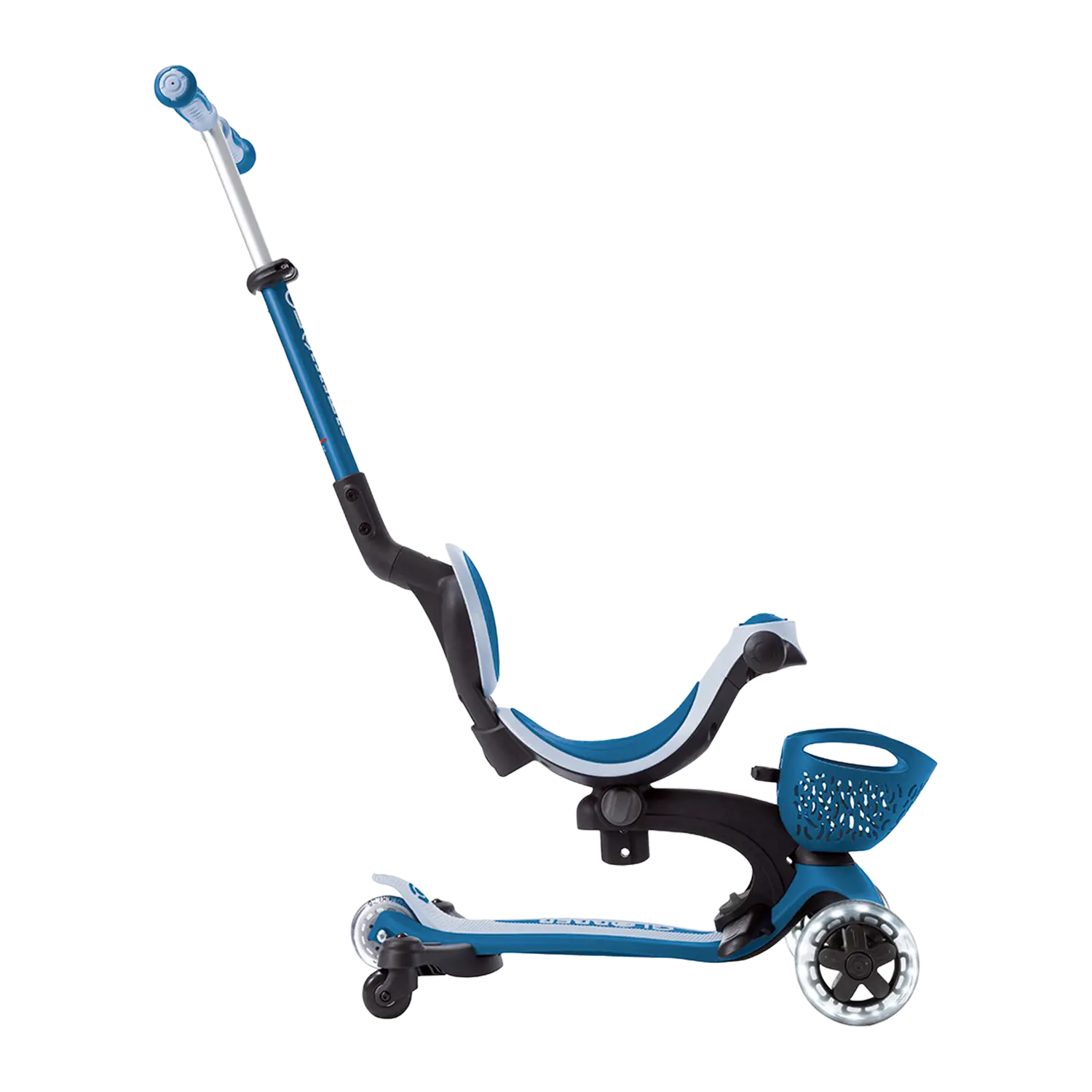 Globber Go-Up Baby Kinderfahrzeug, blau/schwarzer Kinderroller mit Frontkorb.