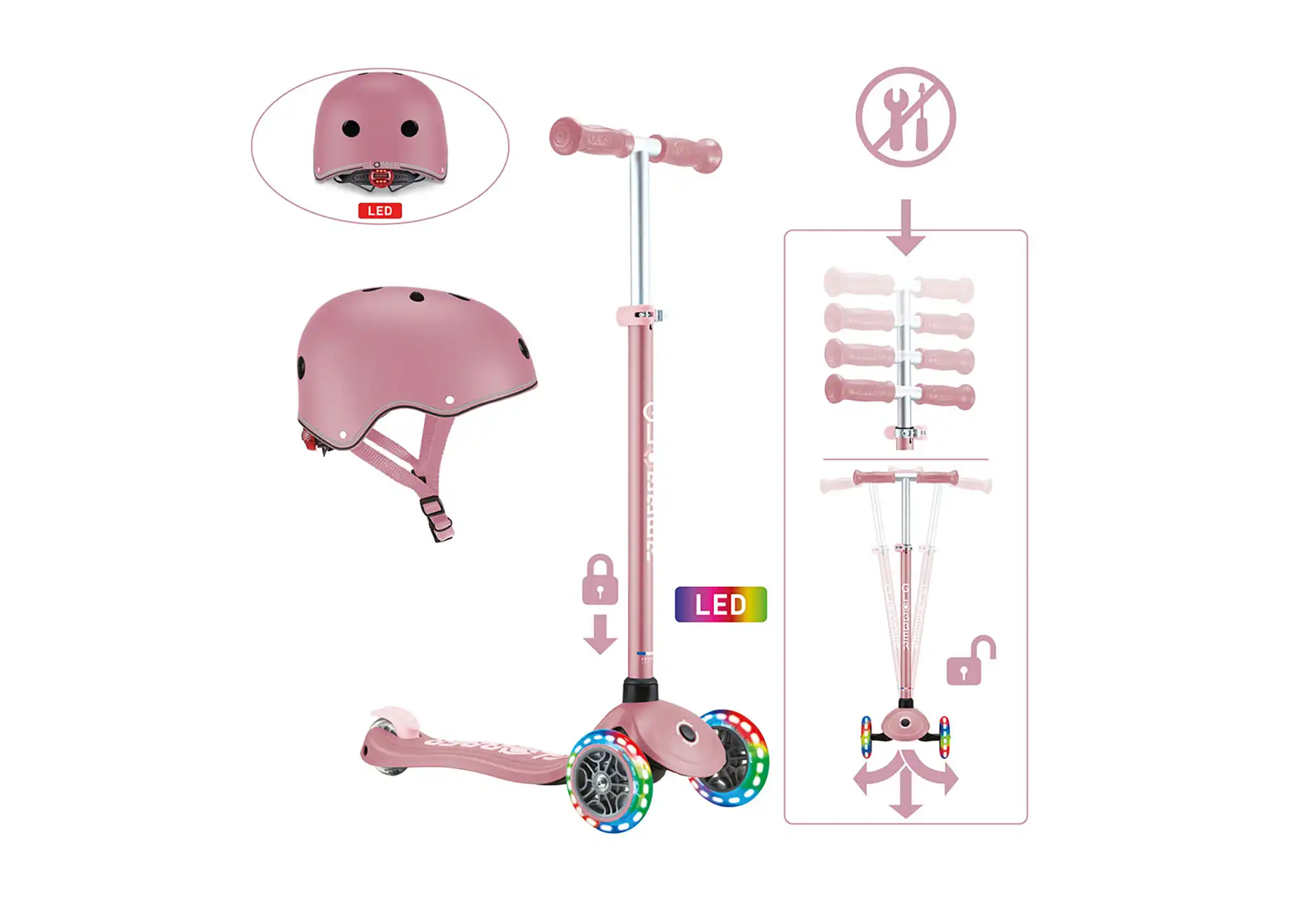 Globber Kinderscooter mit Helm, LED-Rädern und verstellbarem Lenker.