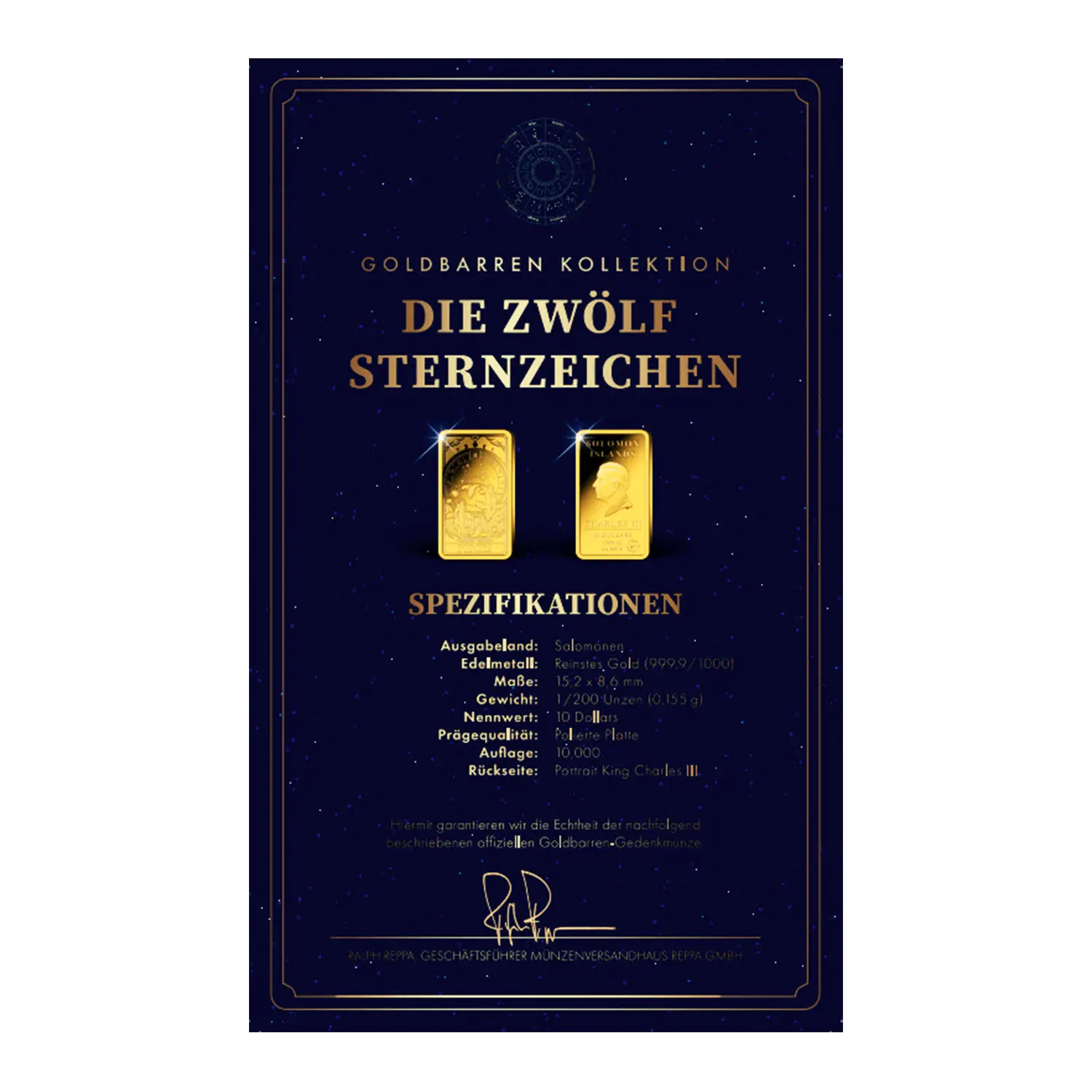 Dunkles Zertifikat mit Goldbarren Sternzeichen Fische und Tierkreiszeichen.