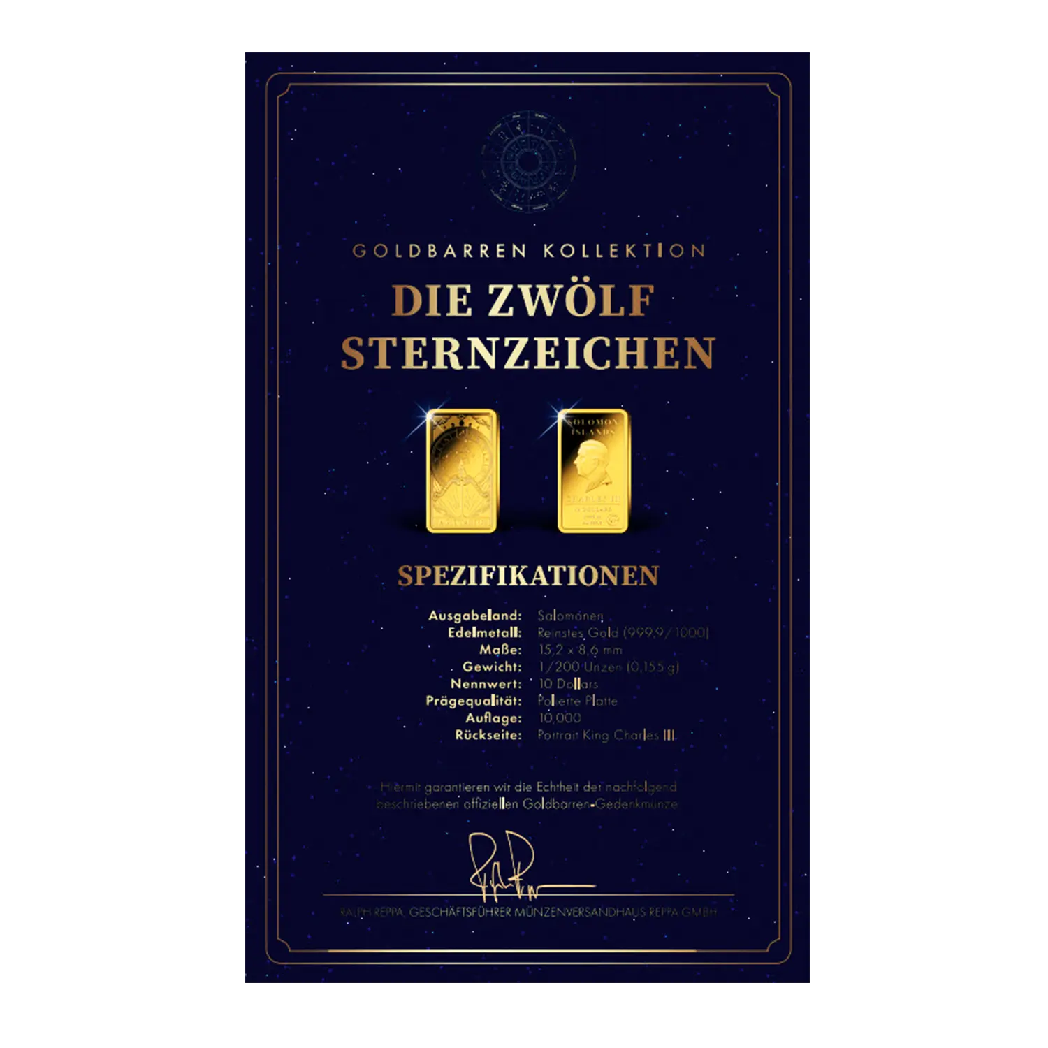 Zwei Goldbarren Sternzeichen Schütze auf einer blauen Die Zwölf Sternzeichen Urkunde ausgestellt.