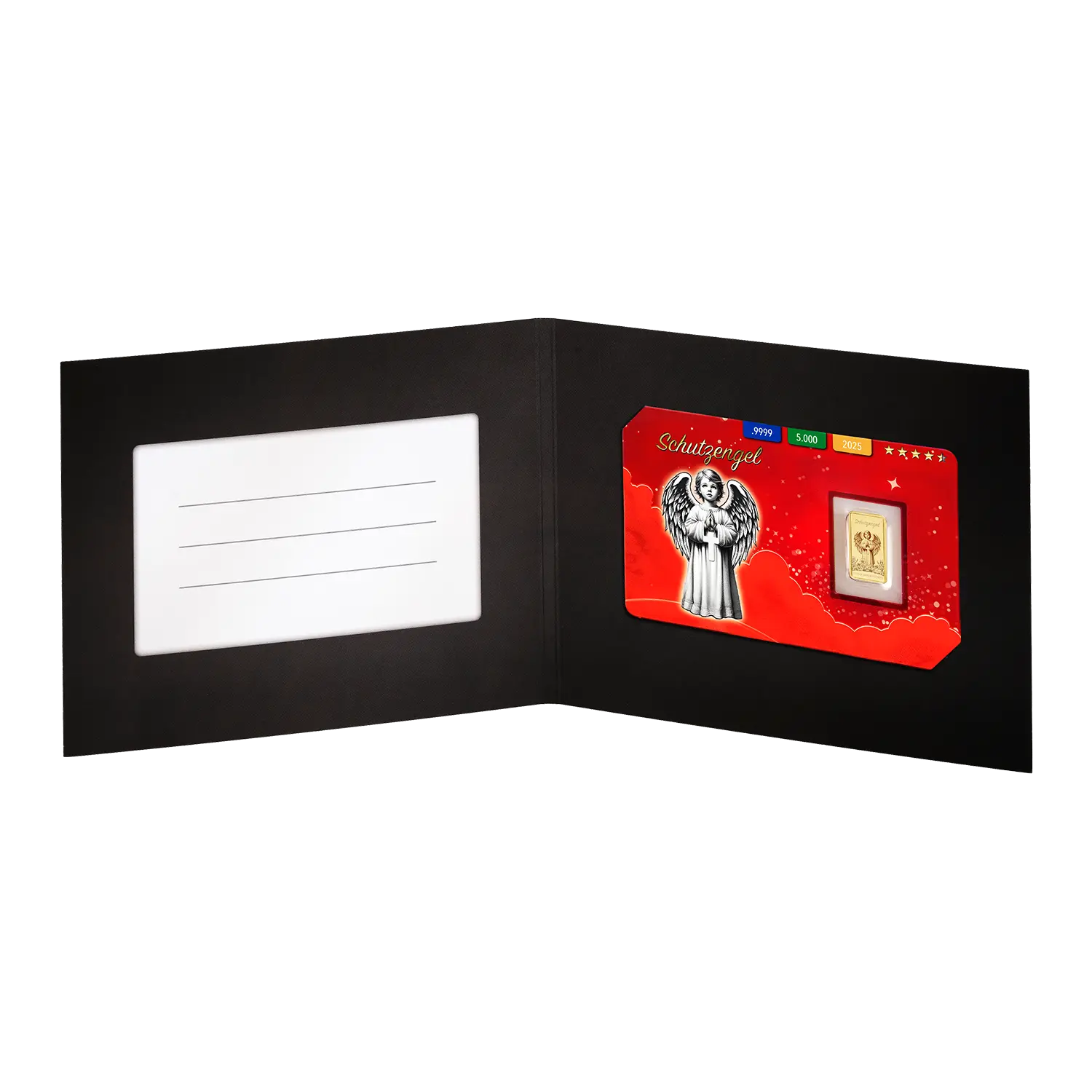 Schwarze Karte mit gefüttertem Feld und Goldbarren Schutzengel-Anstecknadel.