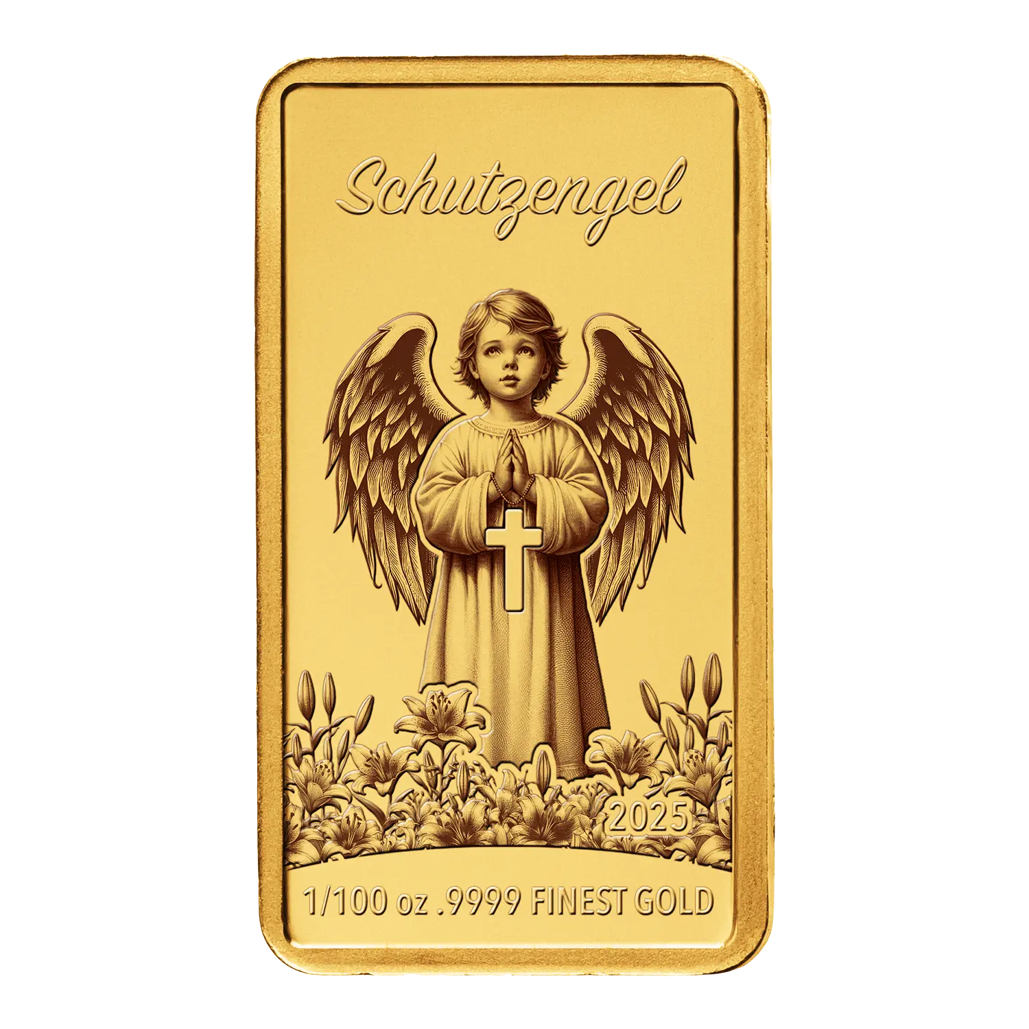Goldbarren Schutzengel 2025 - edles Feingold-Geschenk mit Kreuz Blumen.