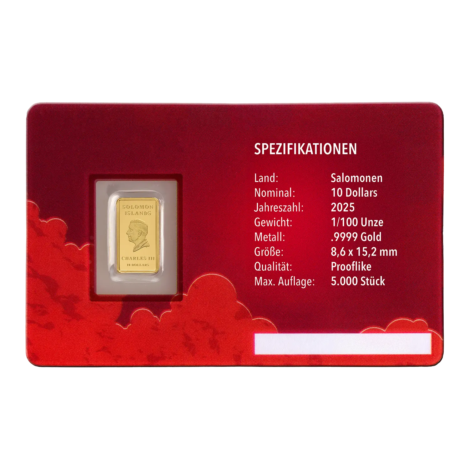 Goldbarren Schutzengel in roter Verpackung, deutsche Spezifikationen rechts.
