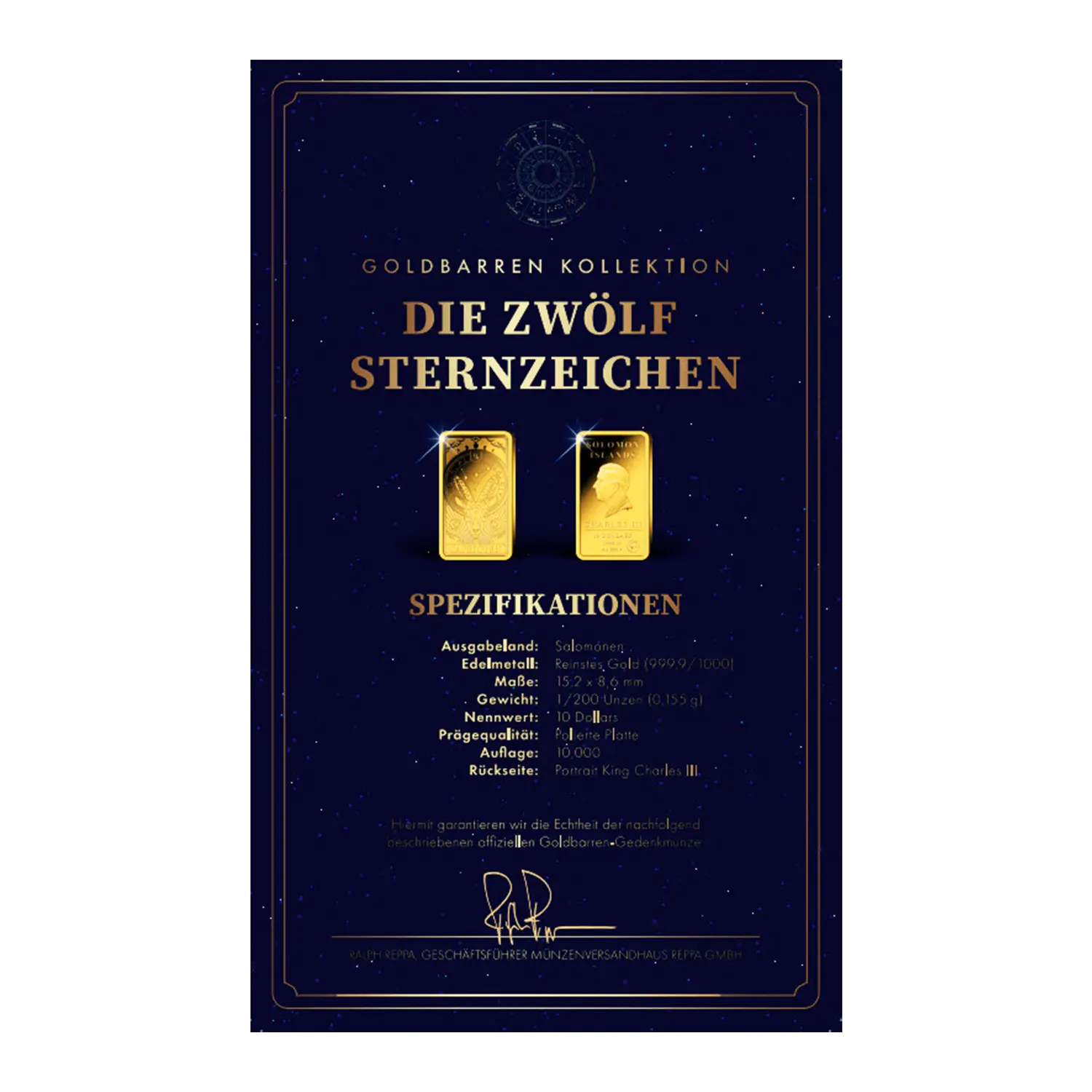 Zertifikat enthält Goldbarren Sternzeichen Steinbock, 9 Feingold 999, Tierkreiszeichen Text.
