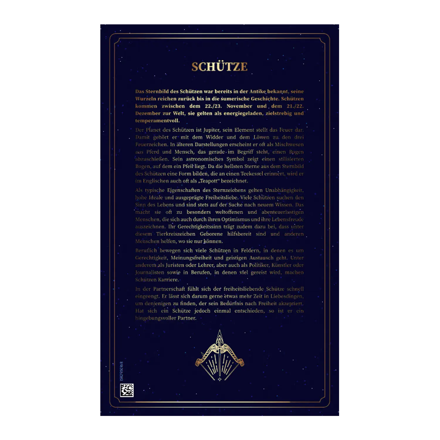Goldbarren Sternzeichen Schütze: Dunkelblaue Karte, goldener Text, eleganter Sternzeichenrand.