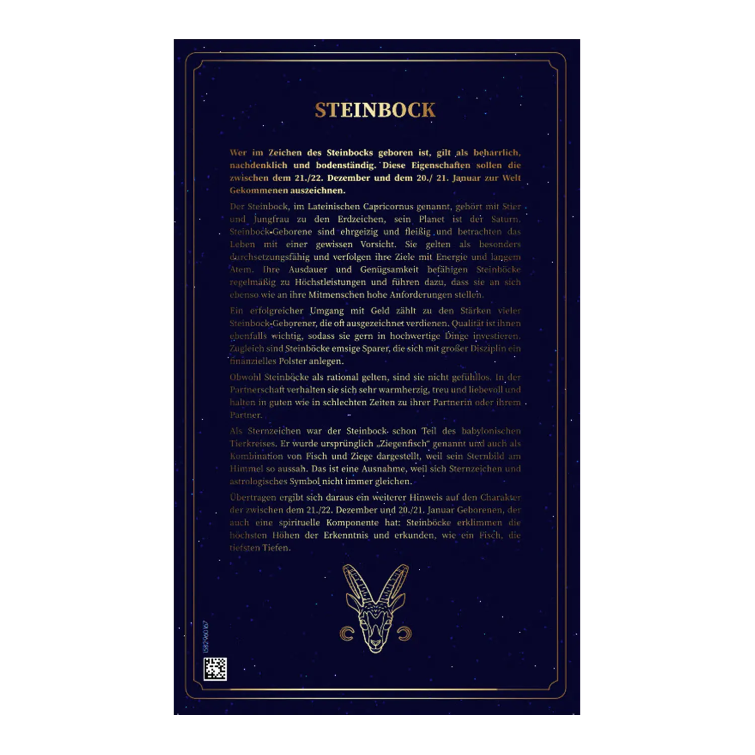 Dunkelblaue Karte mit Goldbarren Sternzeichen Steinbock und goldenem Ziegenmotiv.