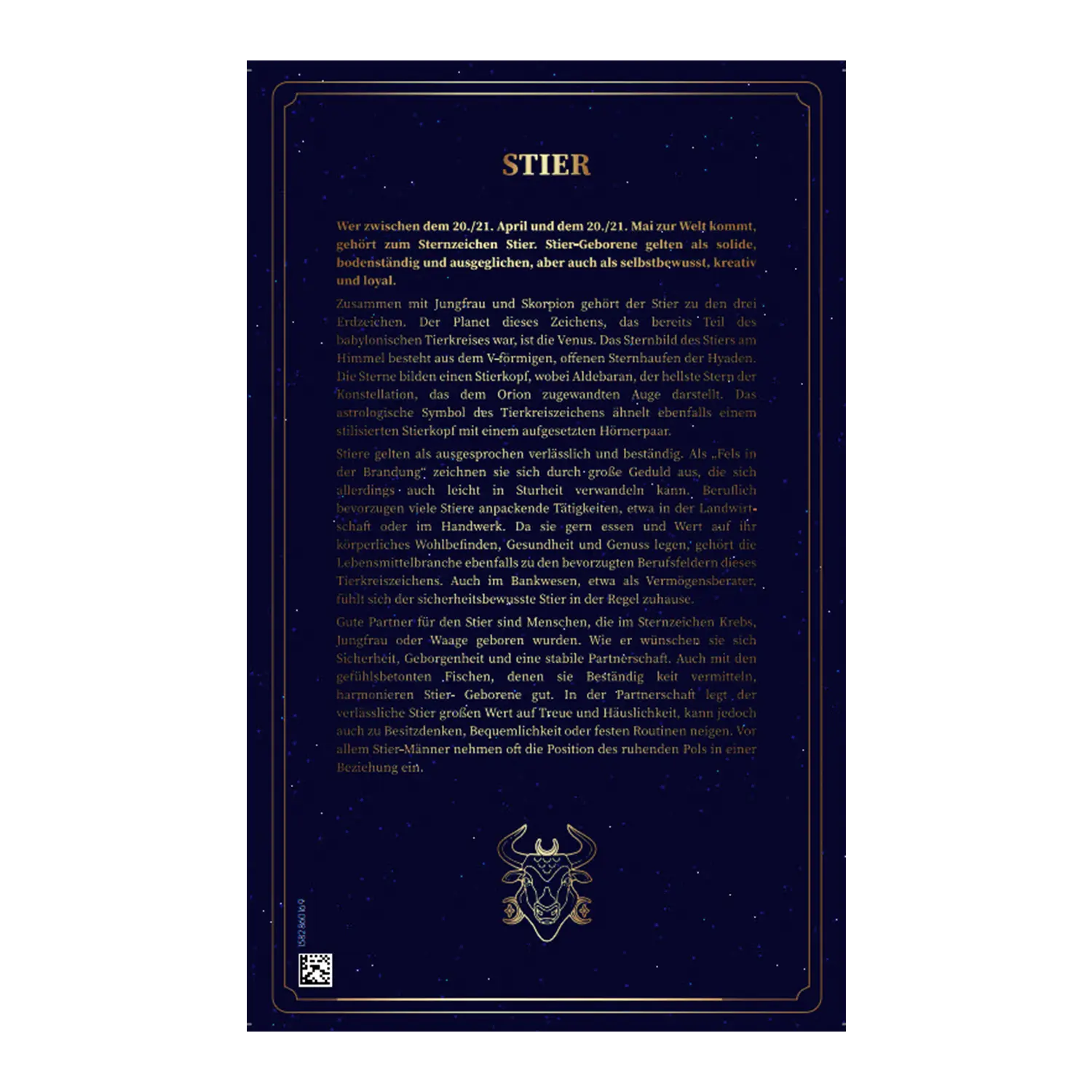 Eine dunkelblaue Seite mit deutschem Text über Goldbarren Sternzeichen Stier.