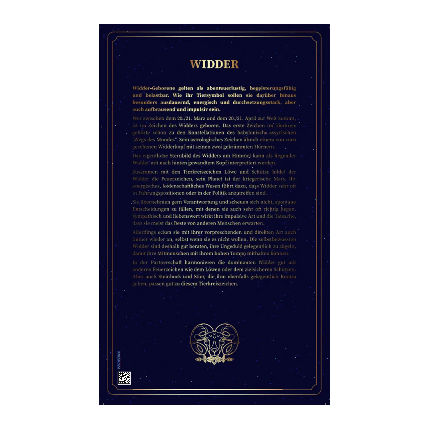 Eine dunkelblaue Karte mit deutschem Text und einem Goldbarren Sternzeichen Widder Motiv.