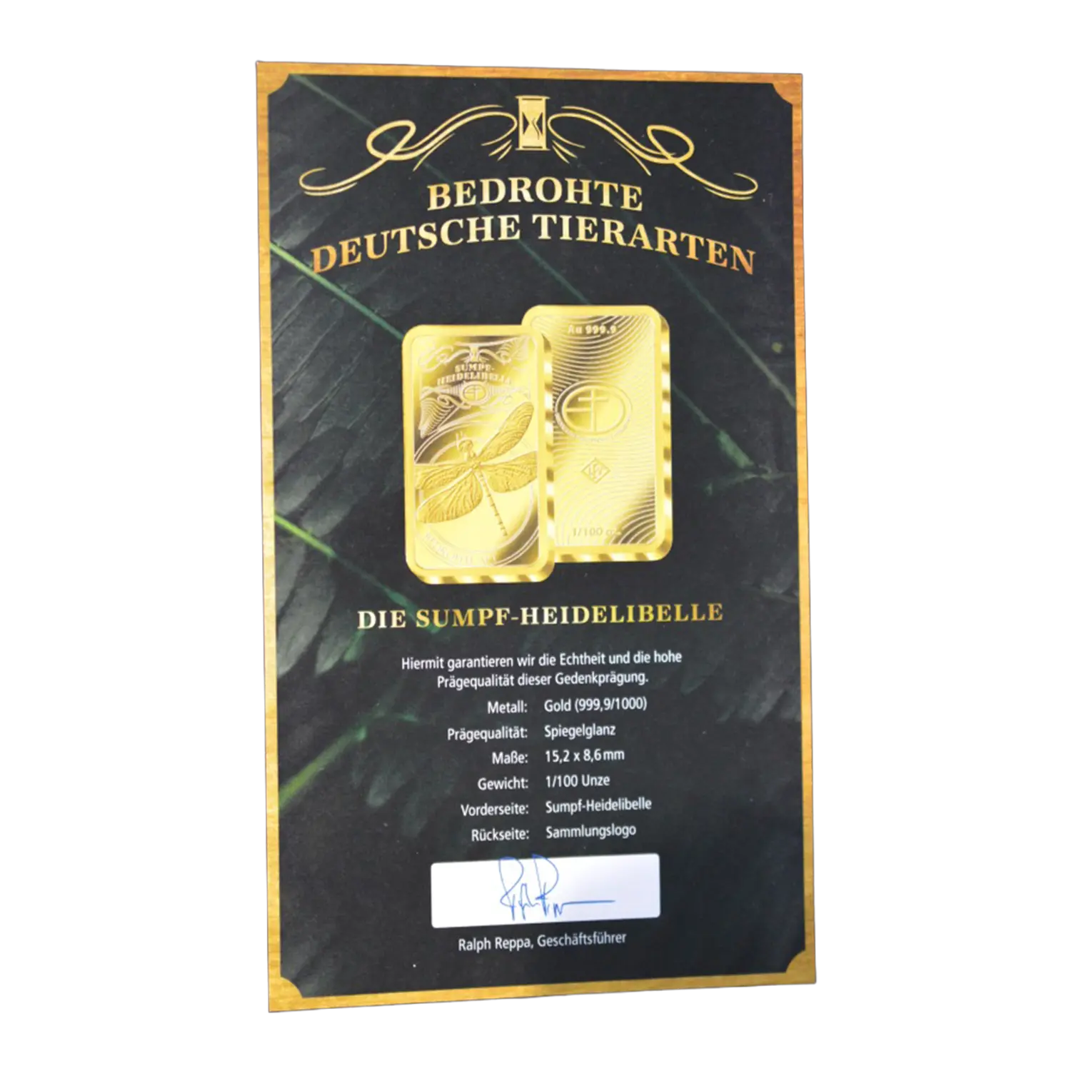 Zertifikat für Goldbarren Bedrohte Tierarten Sumpf-Heidelibelle Sammlerstück.