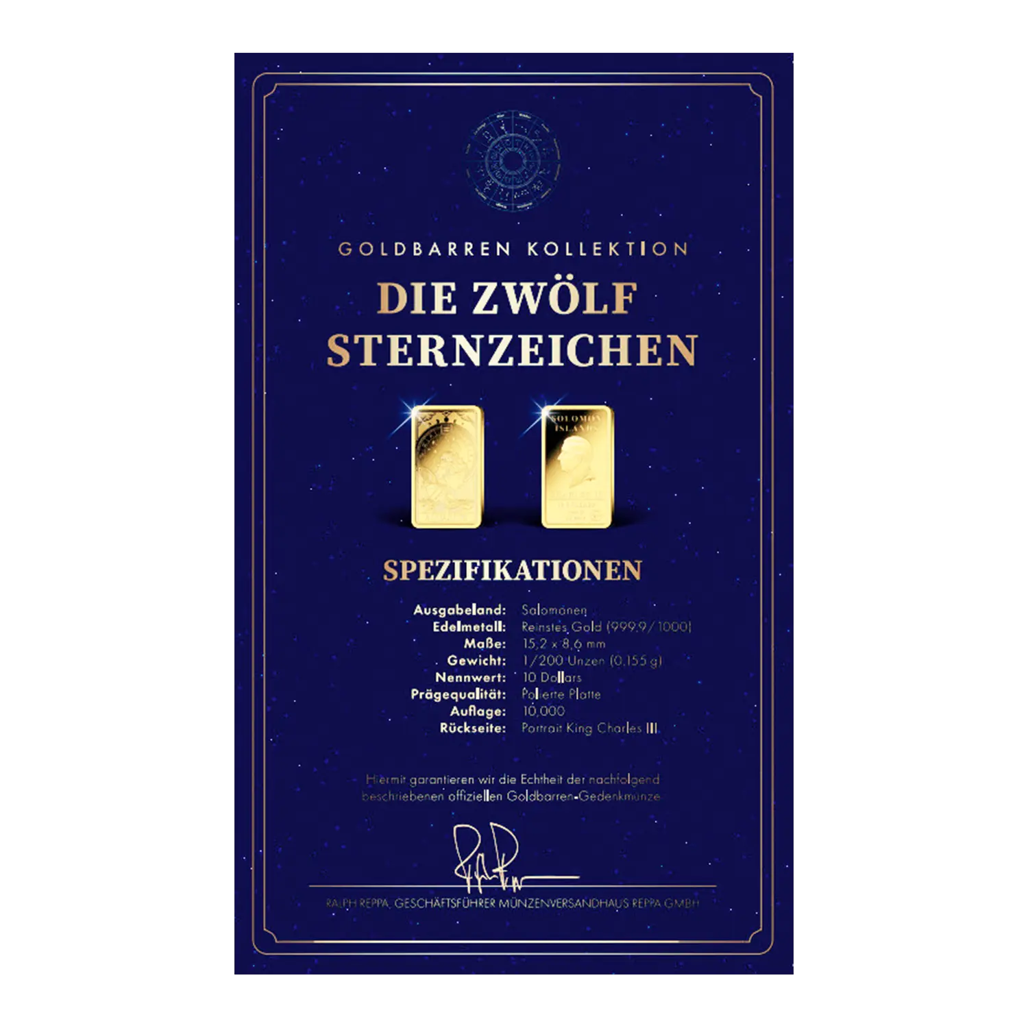 Zertifikat mit zwei Feingold 999 Barren, deutscher Text, Goldbarren Sternzeichen Wassermann