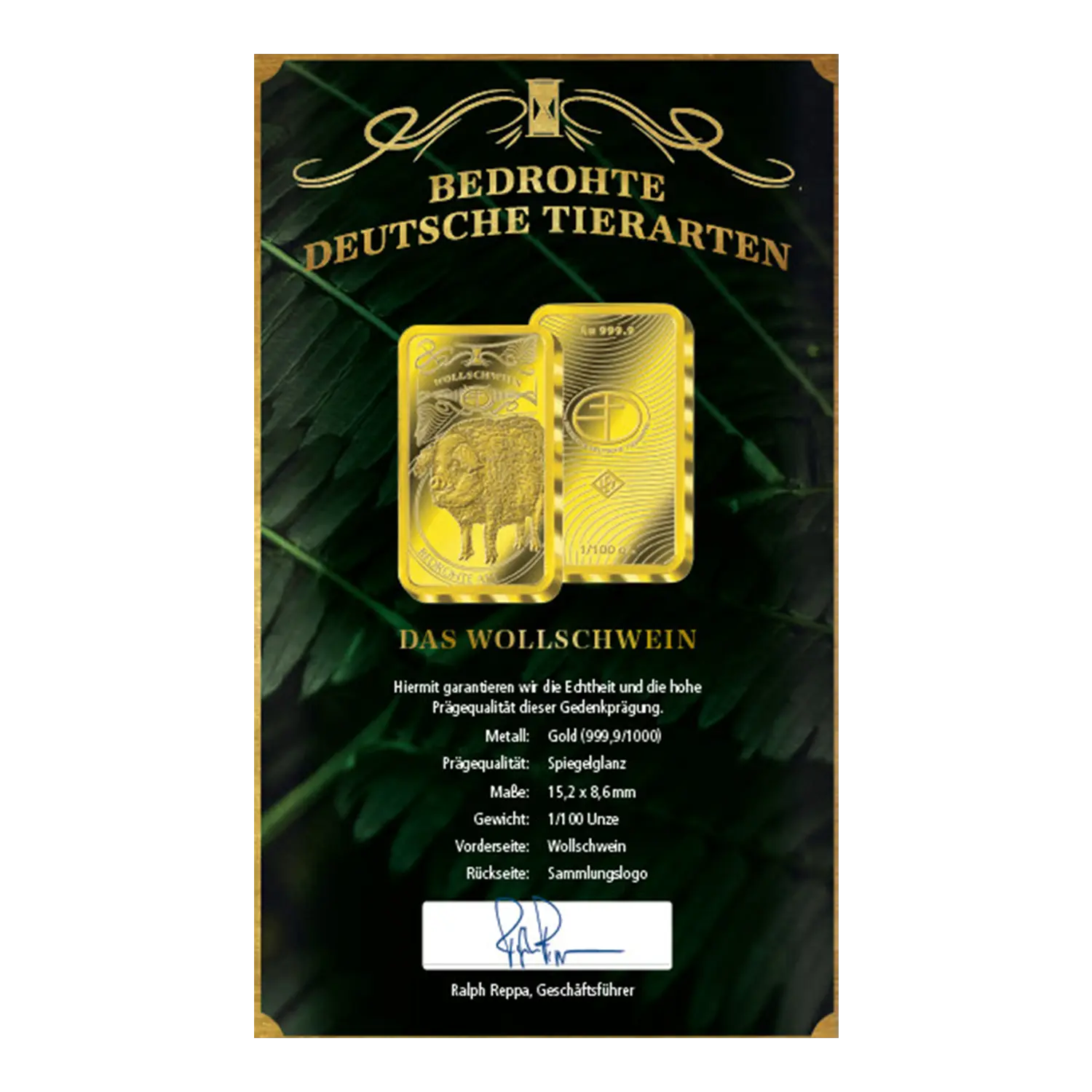 Goldbarren Bedrohte Tierarten Wollschwein mit Zertifikat aus Feingold.