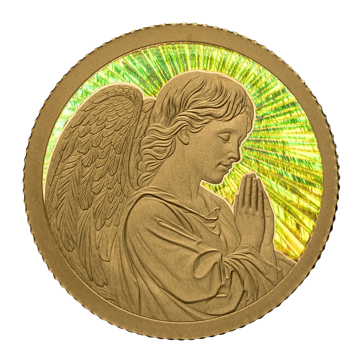 Goldmünze Engel mit Regenbogeneffekt, Verpackung