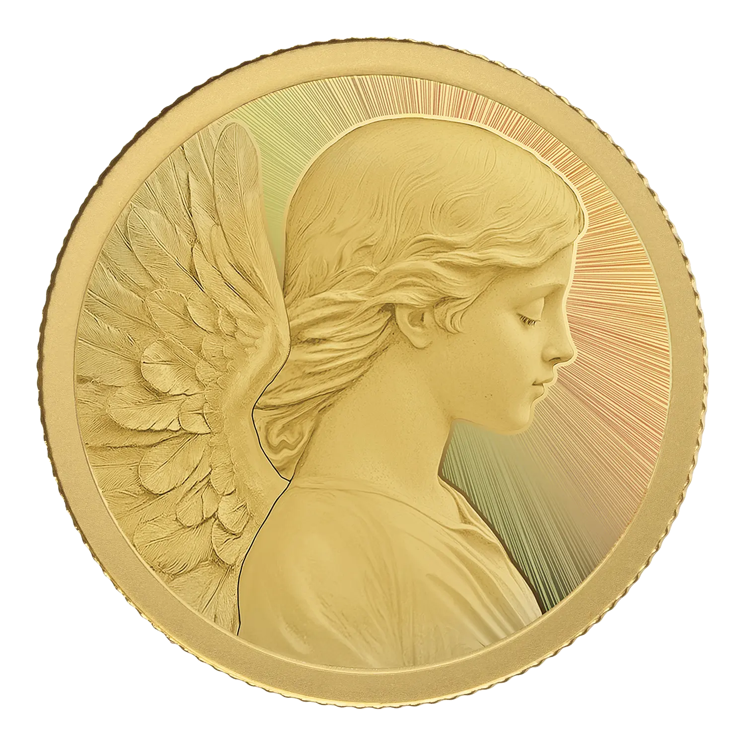 Goldmünze Weihnachtsengel im Samtsäckchen, mit Feingold im Profil.