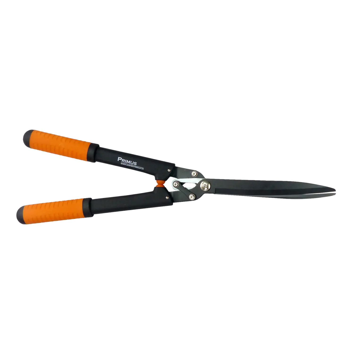 Hand Heckenschere mit scharfen schwarzen Klingen und orange-schwarzen Griffen.