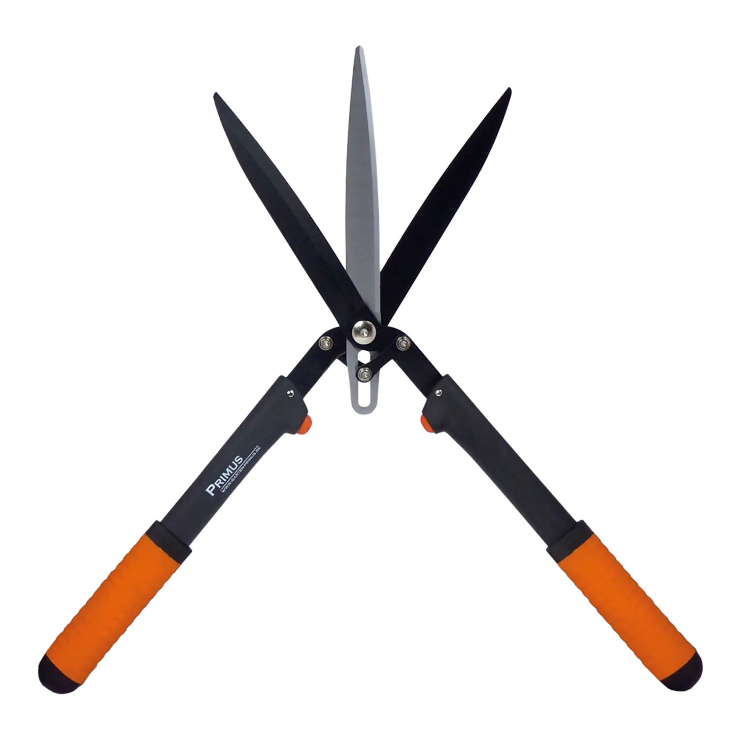 Hand-Heckenschere mit orangefarbenen und schwarzen Griffen, Klingen weit geöffnet.