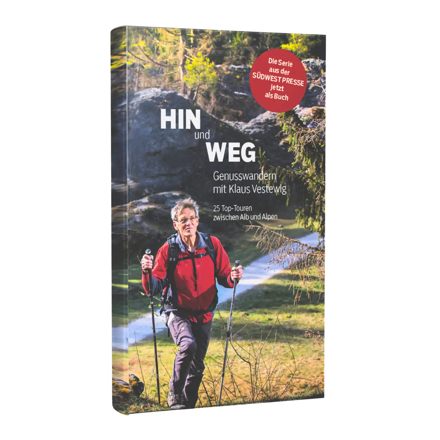 Ein Mann in Rot wandert; Buchcover: Tourenführer "Hin und Weg" Band 1.