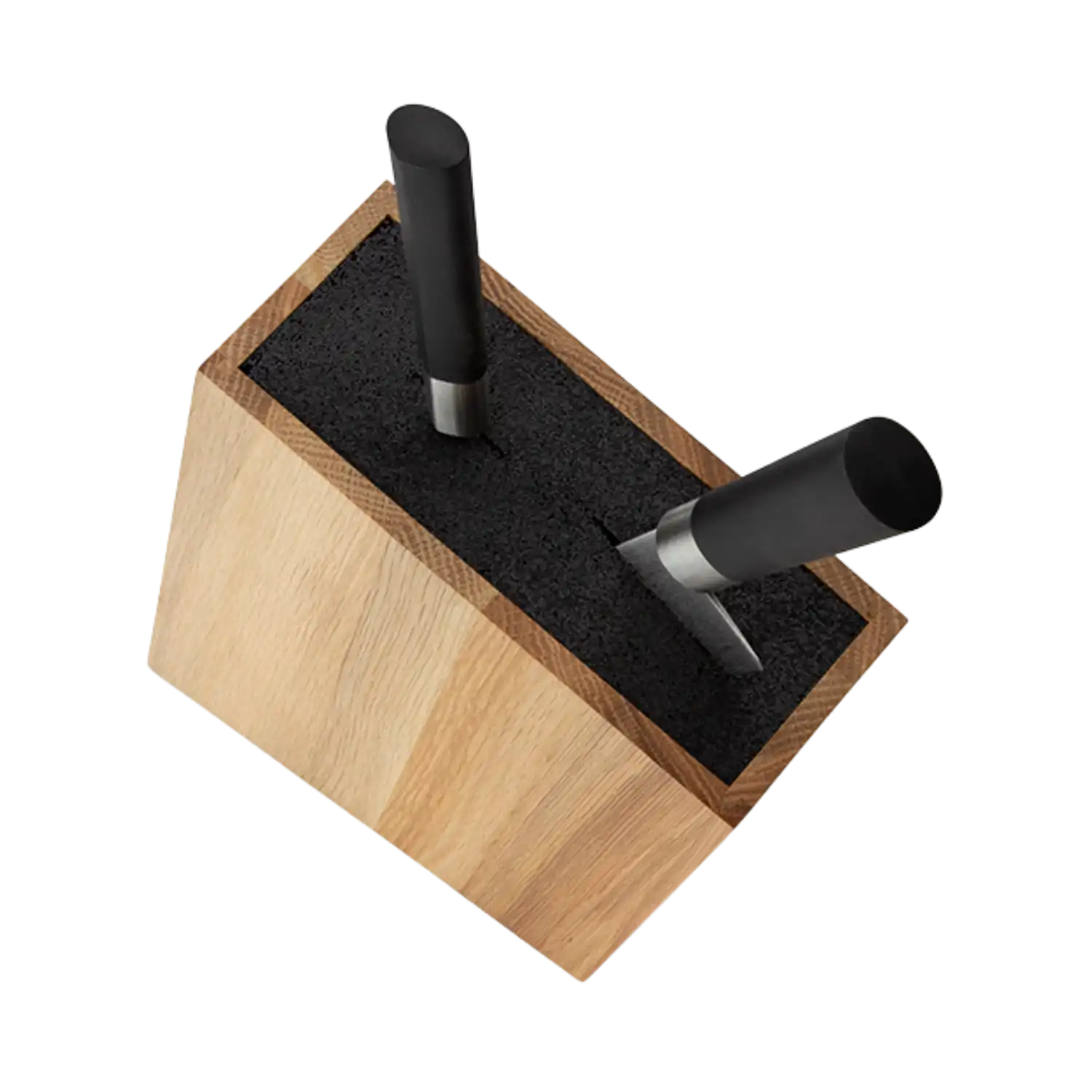 Messerblock aus Holz mit 2 Messern, platzsparend, Draufsicht.