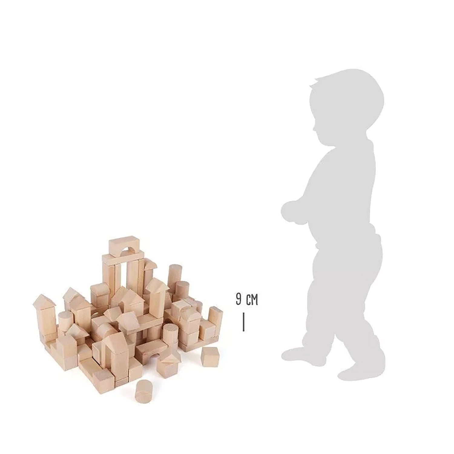 Holzbausteine natur, 9 cm hoch, neben Kindersilhouette.