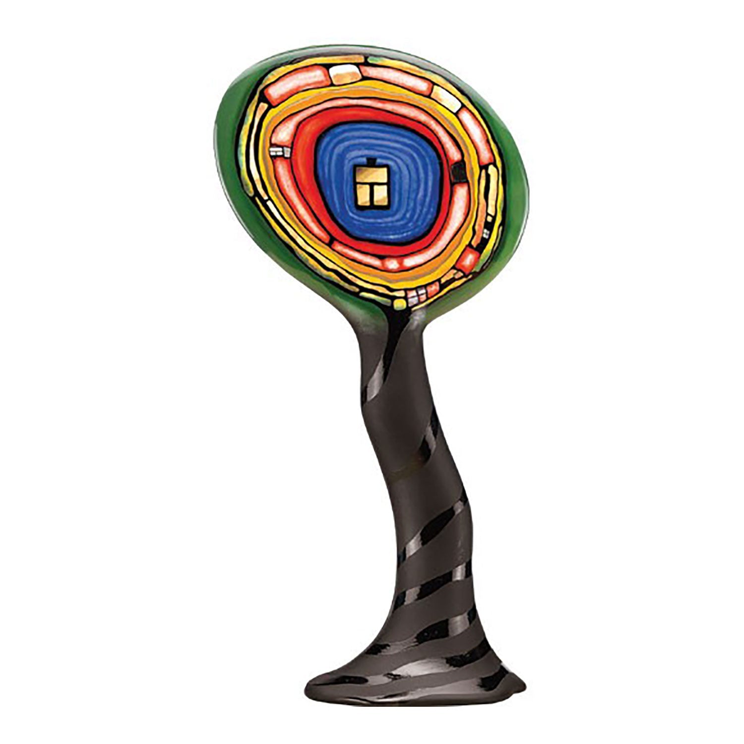 Das Porzellanobjekt „Seelenbaum-Blume“ ist eine farbenfrohe, abstrakte Skulptur, inspiriert von Friedensreich Hundertwasser. Sie verfügt über einen gedrehten, schwarz gestreiften Sockel und eine ovale Oberseite mit konzentrischen Schichten in Grün, Rot, Blau und Gelb, die ein zentrales fensterartiges Design umgeben.