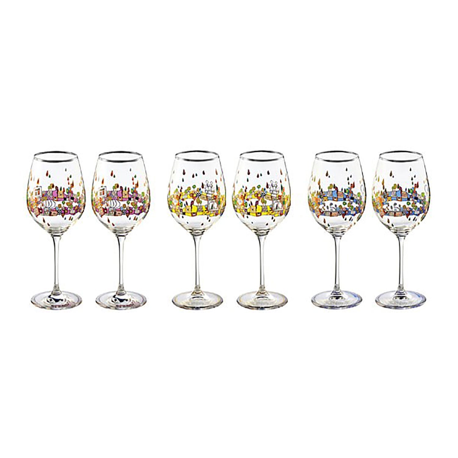 Sechs Weingläser „BEAUTY IS A PANACEA – Platin – Weißwein“ zeigen lebendige, abstrakte Stadtlandschaften mit Gebäuden in Gelb, Rot, Blau und Lila. Diese künstlerischen Schmuckstücke reihen sich elegant vor einem makellos weißen Hintergrund aneinander.