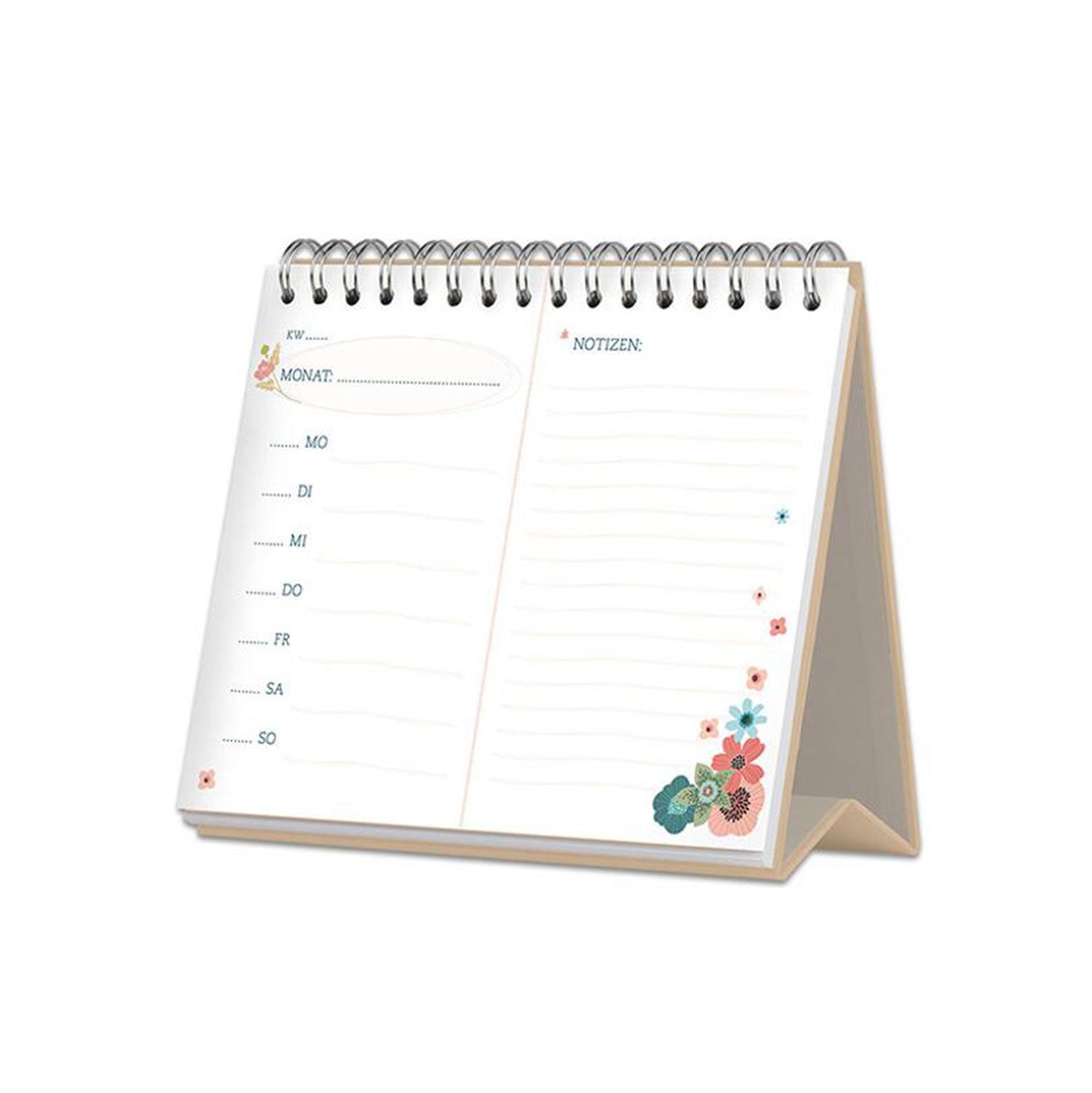 Der „Mach dein Jahr wunderbar!“ ist ein spiralgebundener, stehender Wochenplaner mit Tagesabschnitten (MO, DI, MI, DO, FR, SA, SO) und einem Notizbereich „NOTIZEN“. Er verfügt über farbenfrohe Blumenecken und motivierende Sprüche, die dich durch die Woche inspirieren.