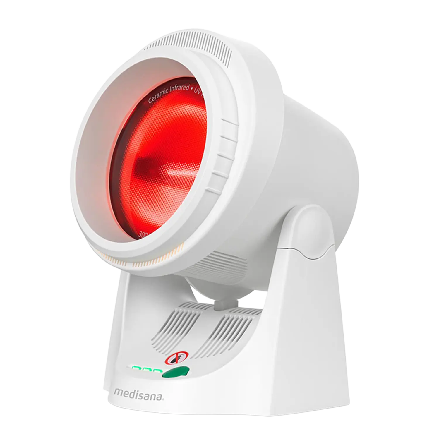 Infrarotlampe mit Timer leuchtet rot auf weißem Hintergrund.