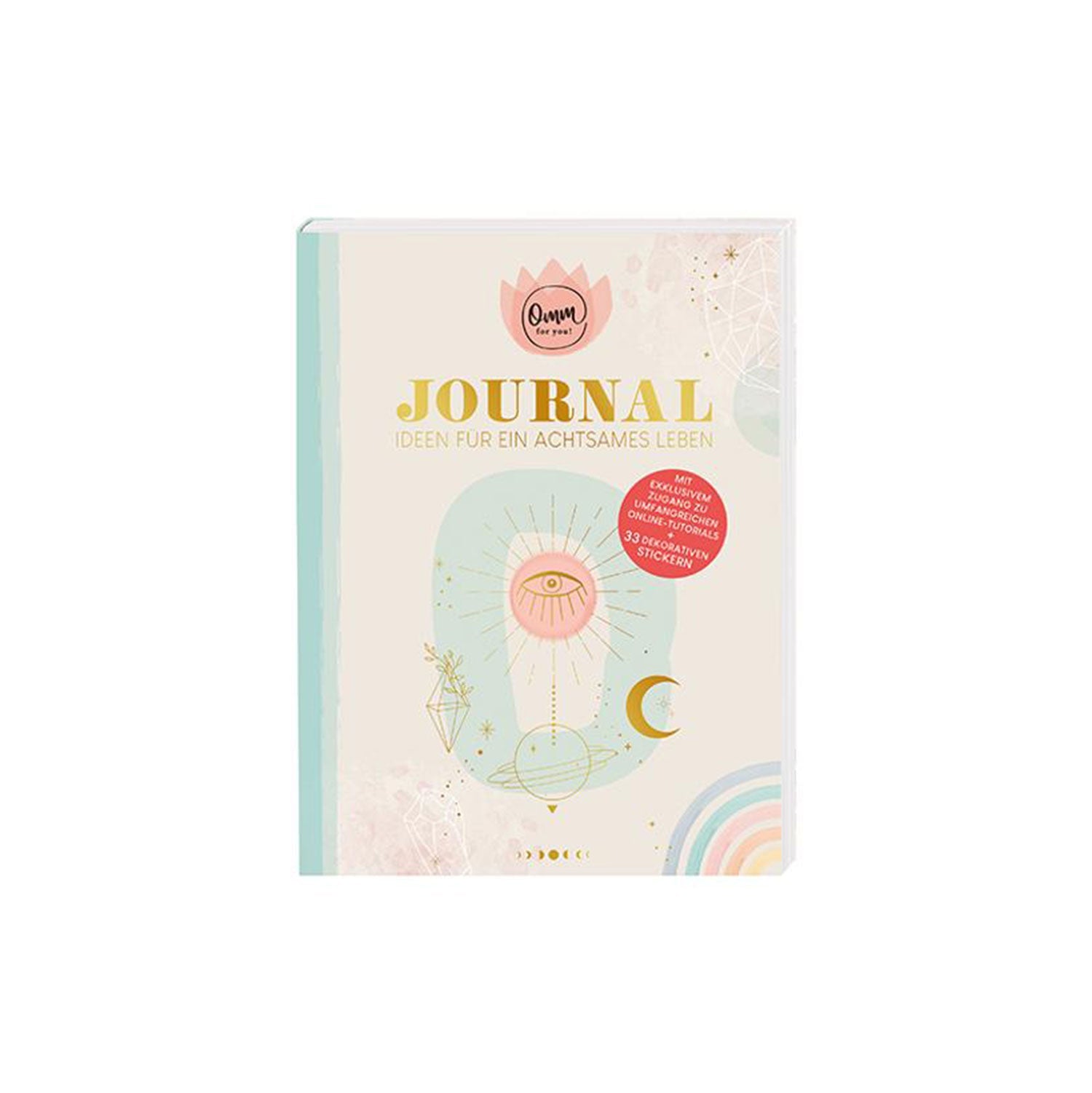 Das „Journal: Ideen für ein achtsames Leben“ besticht durch ein abstraktes Cover mit Auge, Himmelssymbolen und Pastellfarben. Der Titel betont Achtsamkeit und Meditation, während ein roter Kreis auf dem Cover die enthaltenen Sticker hervorhebt.