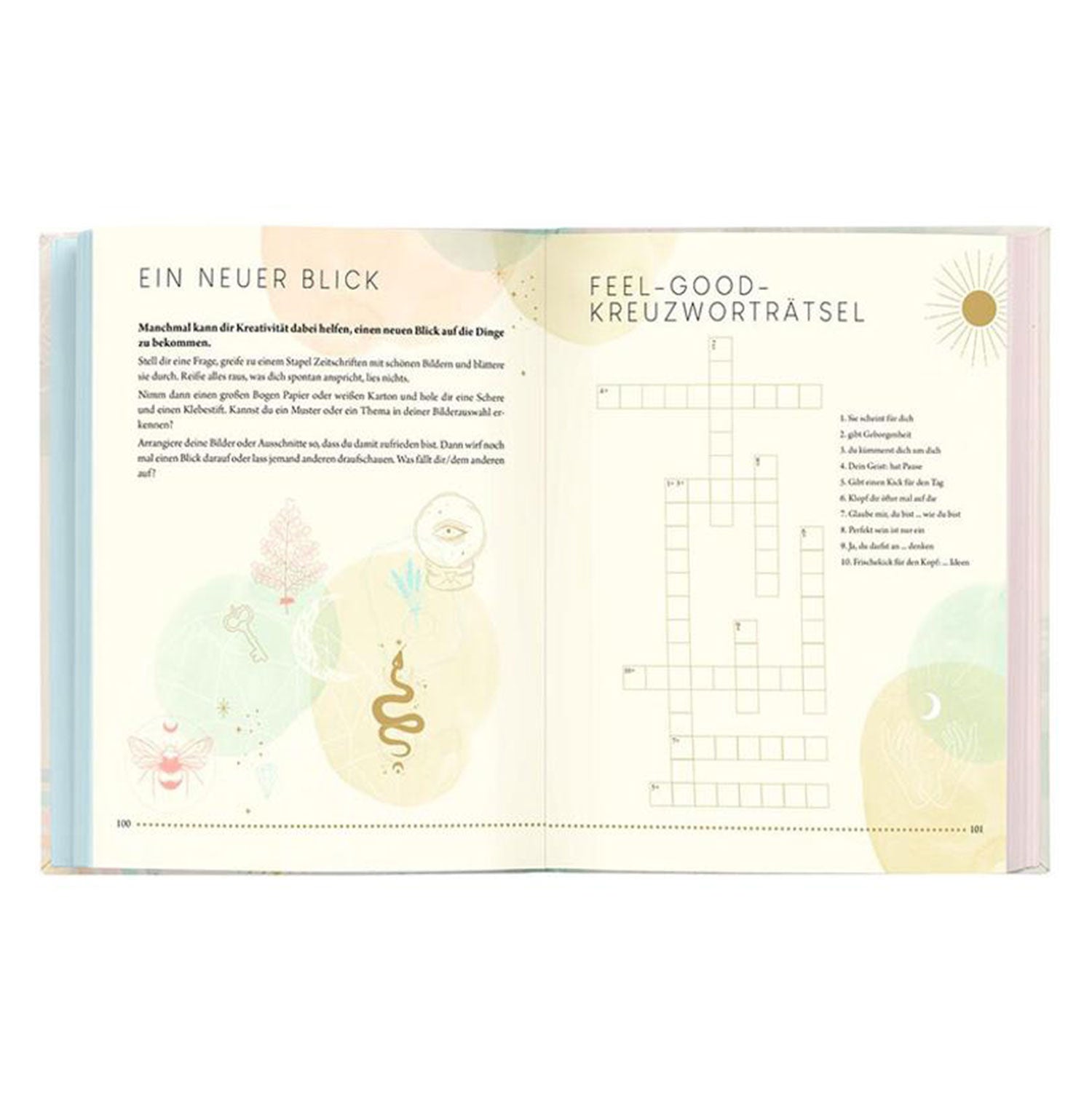 Ein offenes Tagebuch mit dem Titel „Ideen für ein achtsames Leben“ zeigt rechts ein „Feel-Good-Kreuzworträtsel“ und links dekorative Illustrationen von Naturelementen und Yoga-Posen. Die in deutscher Sprache verfassten Pastellseiten vermitteln ein Gefühl von Achtsamkeit und Ruhe.