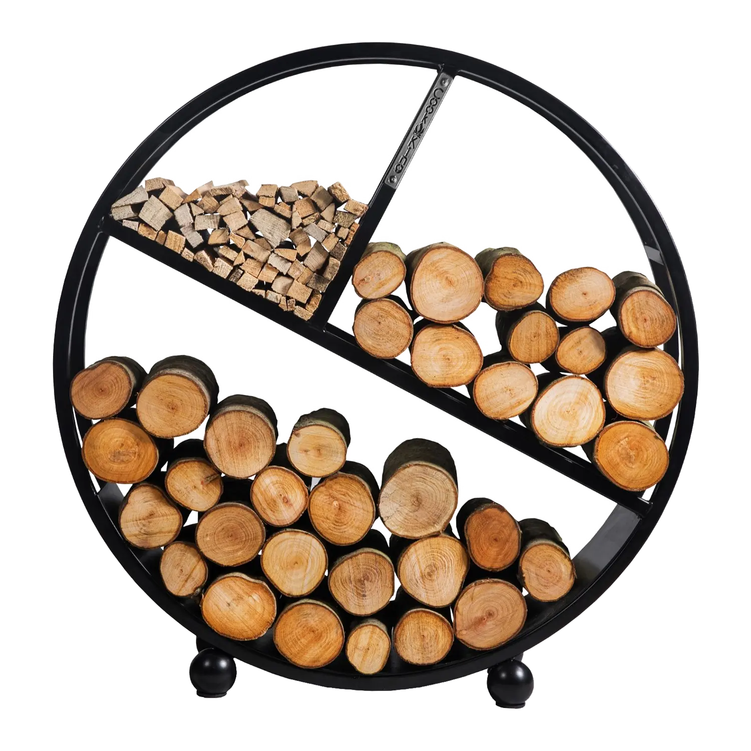 Kaminholzregal Kalifornien rund mit Schrägböden für gestapeltes Brennholz.