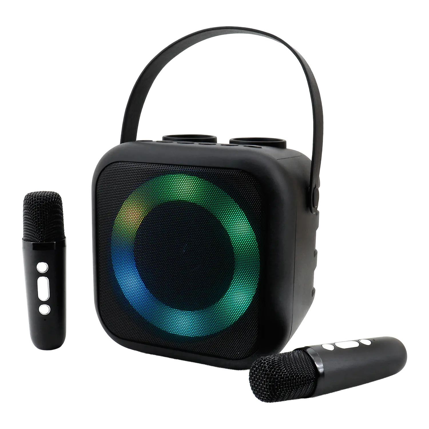 Tragbares Bluetooth Karaoke System mit LED-Lichtern und kabellosen Mikrofonen.