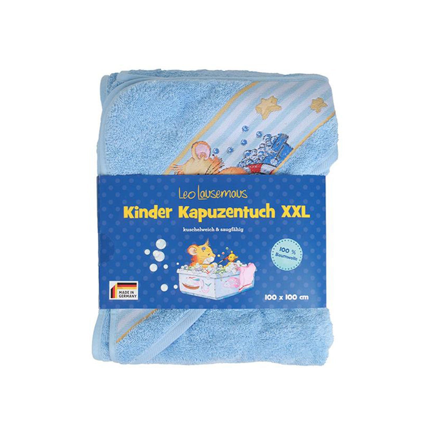 Das Kinder Kapuzenhandtuch Leo Lausemaus aus 100 % Baumwolle.