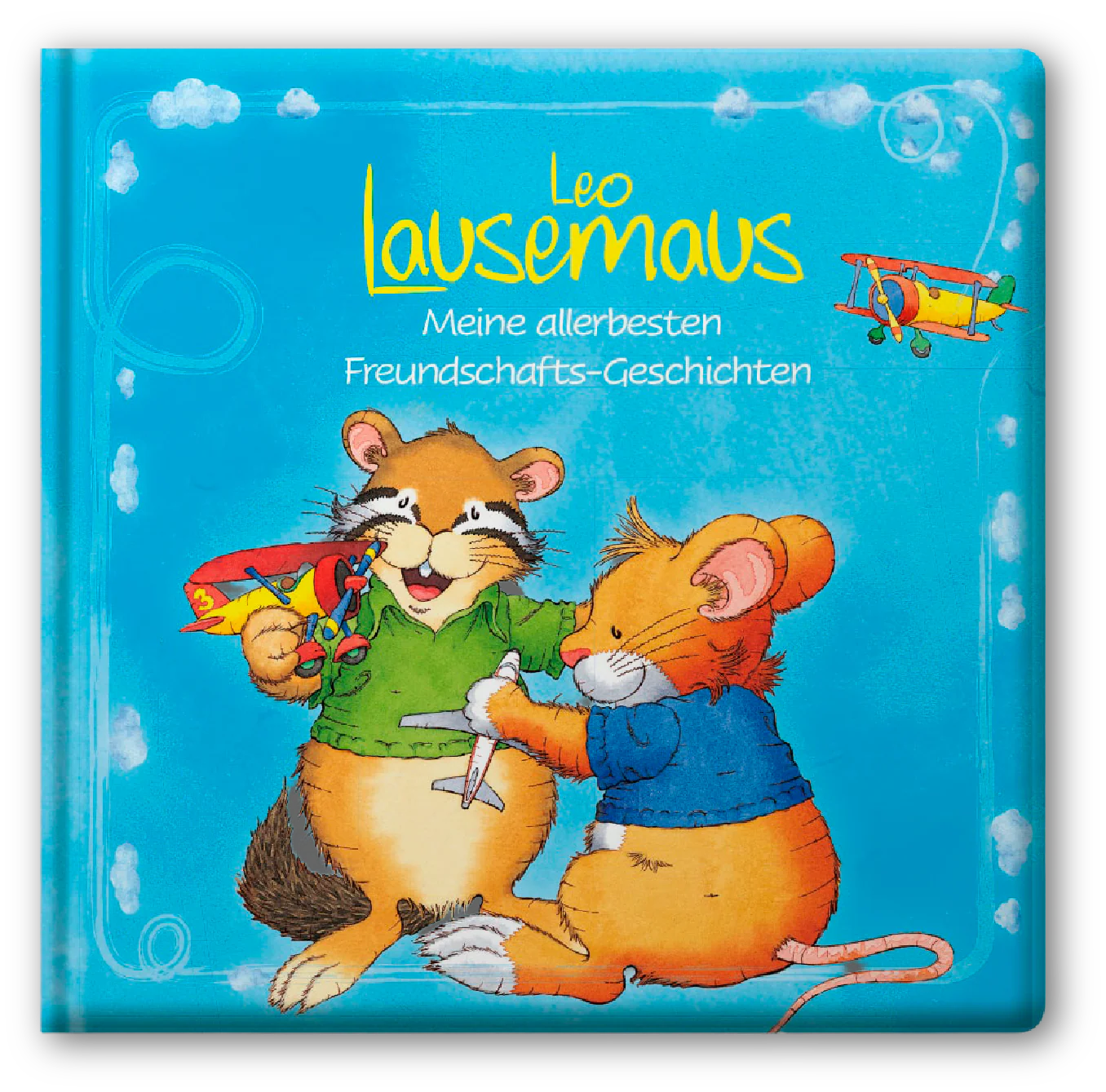 Leo Lausemaus-Cover: zwei Cartoon-Mäuse, Spielzeugflugzeug, blauer Hintergrund.