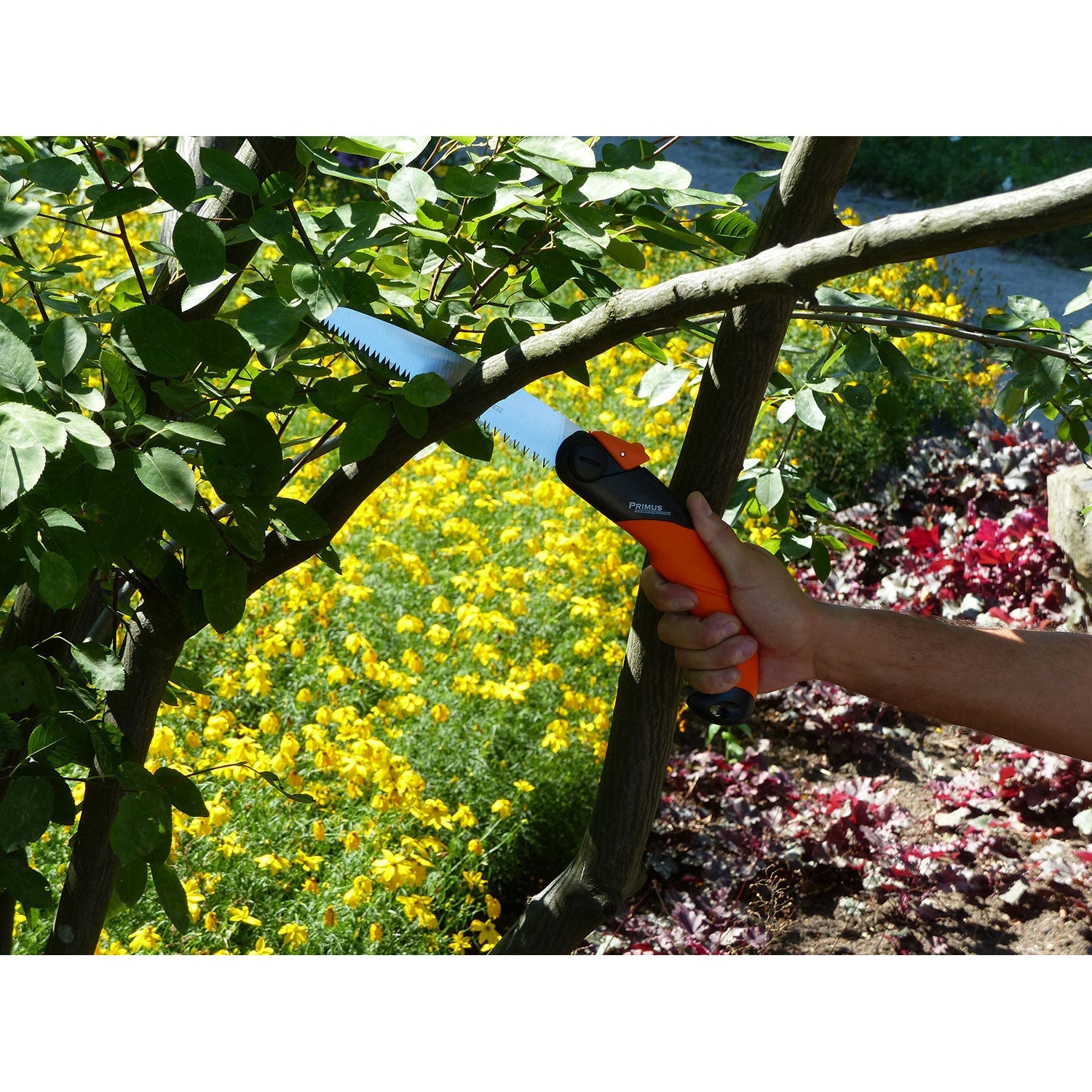 Eine Person benutzt eine Klappsäge – eine japanische Zugsäge mit einem orange-schwarzen Griff, um einen Ast zu schneiden, der vor einem Garten mit gelben Blumen und üppigem grünem Laub steht, ideal für ruhige Holzbearbeitung.