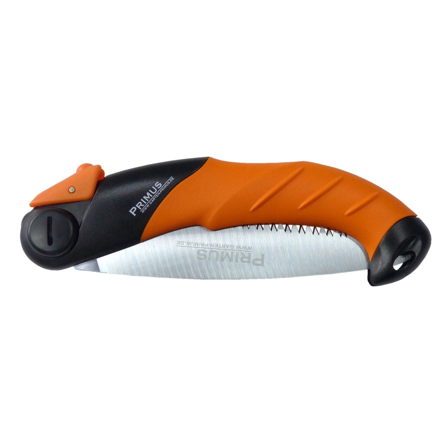 Die Klappsäge – Eine japanische Zugsäge verfügt über einen ergonomischen orange-schwarzen Griff für bequemen Halt und eine glänzende, teilweise verlängerte Klinge mit scharfen Zähnen, ideal für Holzbearbeitungsarbeiten.