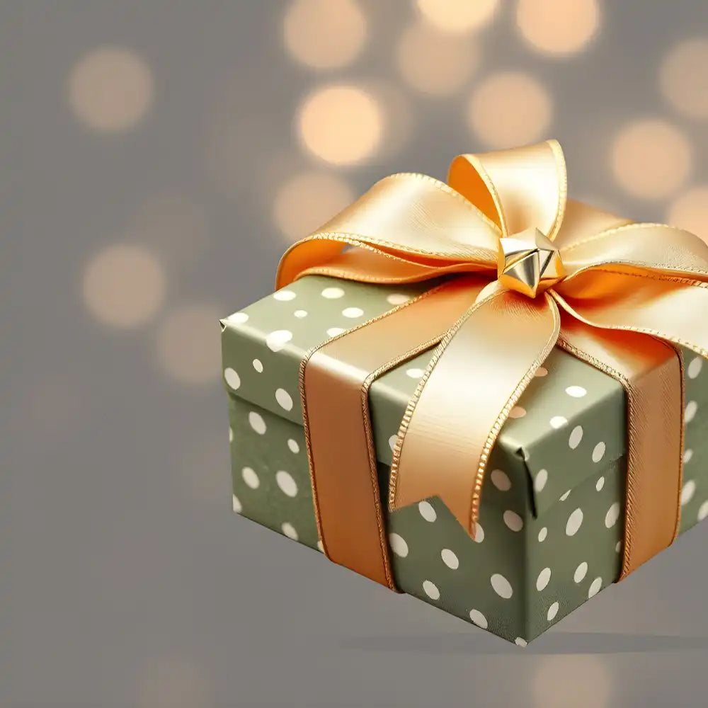 Polka-Dot-Geschenkbox mit goldenem Band und Schleife, leuchtende Lichter im Hintergrund.