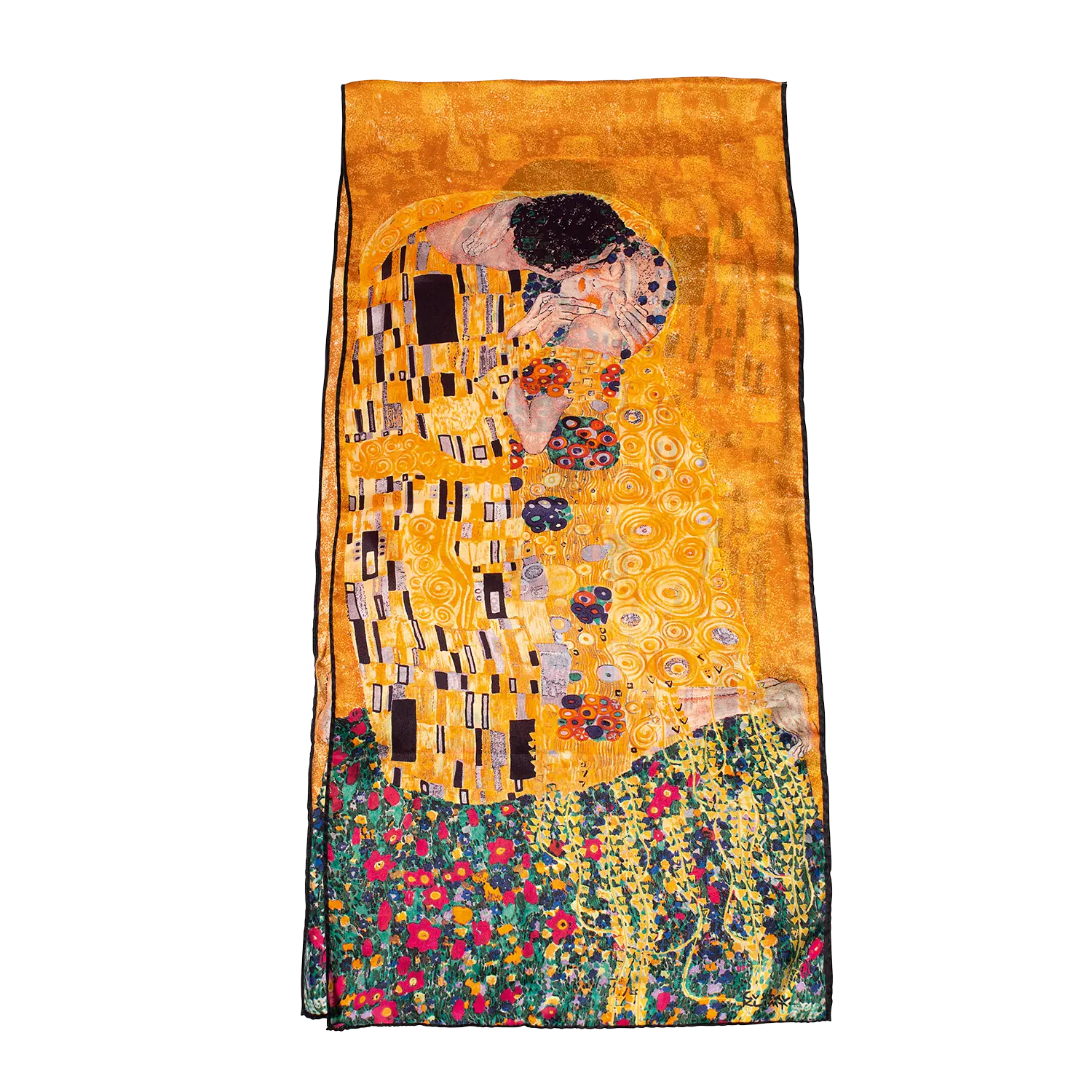 Seidenschal Der Kuss: Rechteckiger Satinschal mit Klimt-Motiv in Gelb und Grün.