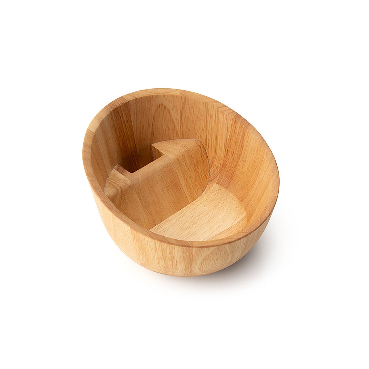 Die elegante „Nussschale mit Qualitätsknacker“ aus Gummibaumholz besticht durch einen integrierten Fachteiler im Parkbank-Design. Die helle Holzmaserung hebt sich optisch vom schlichten weißen Untergrund ab.