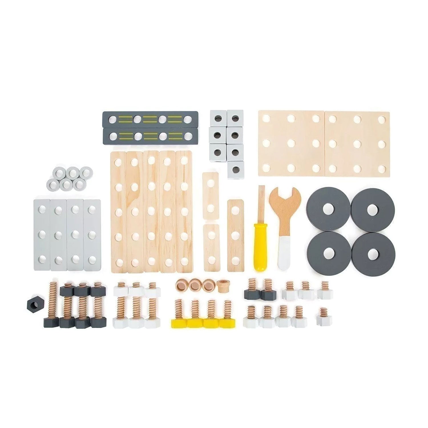 Inhalt des Konstruktionsset aus Holz