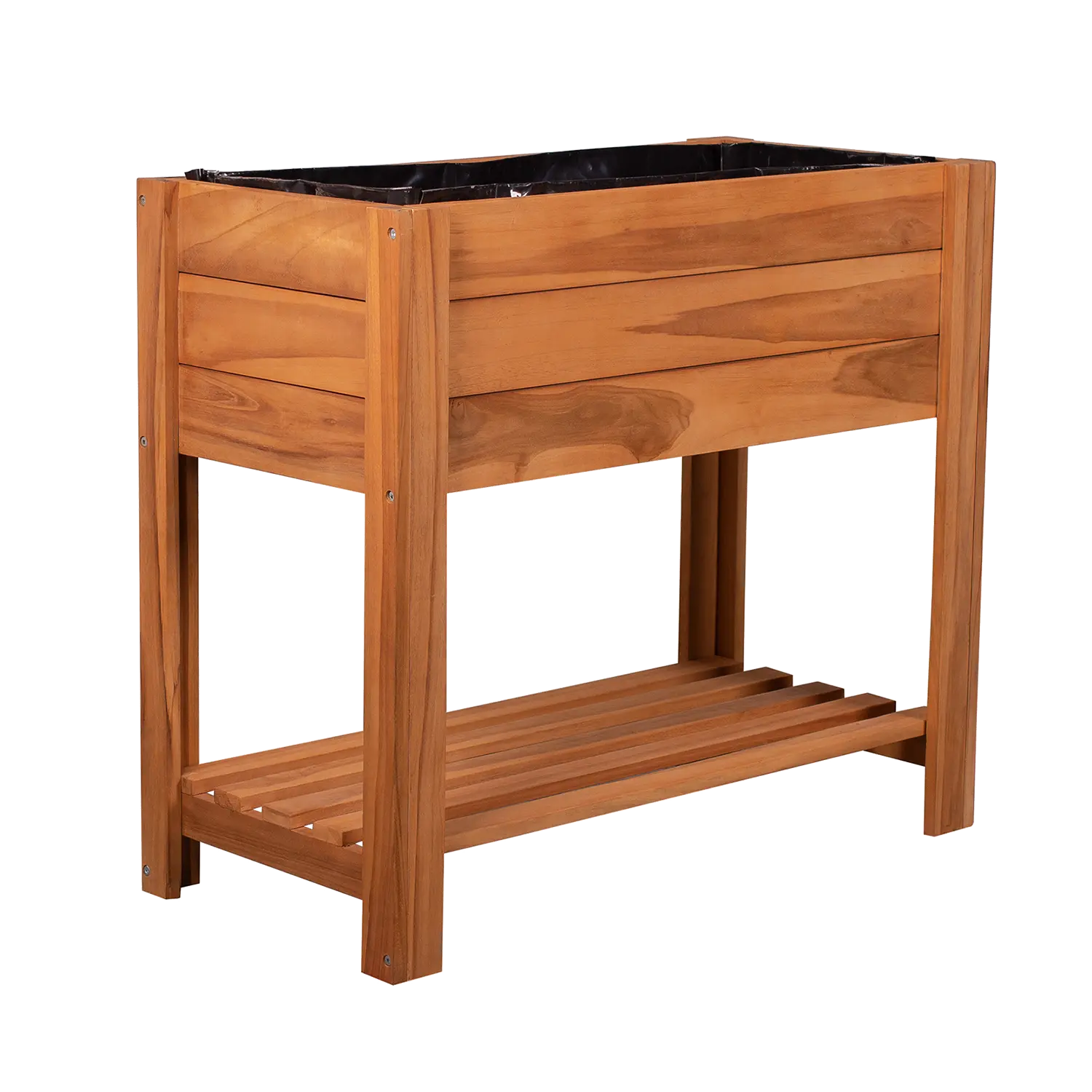 Kräuterhochbeet aus Holz mit Ablage und schwarzer Einlage zum Gärtnern.