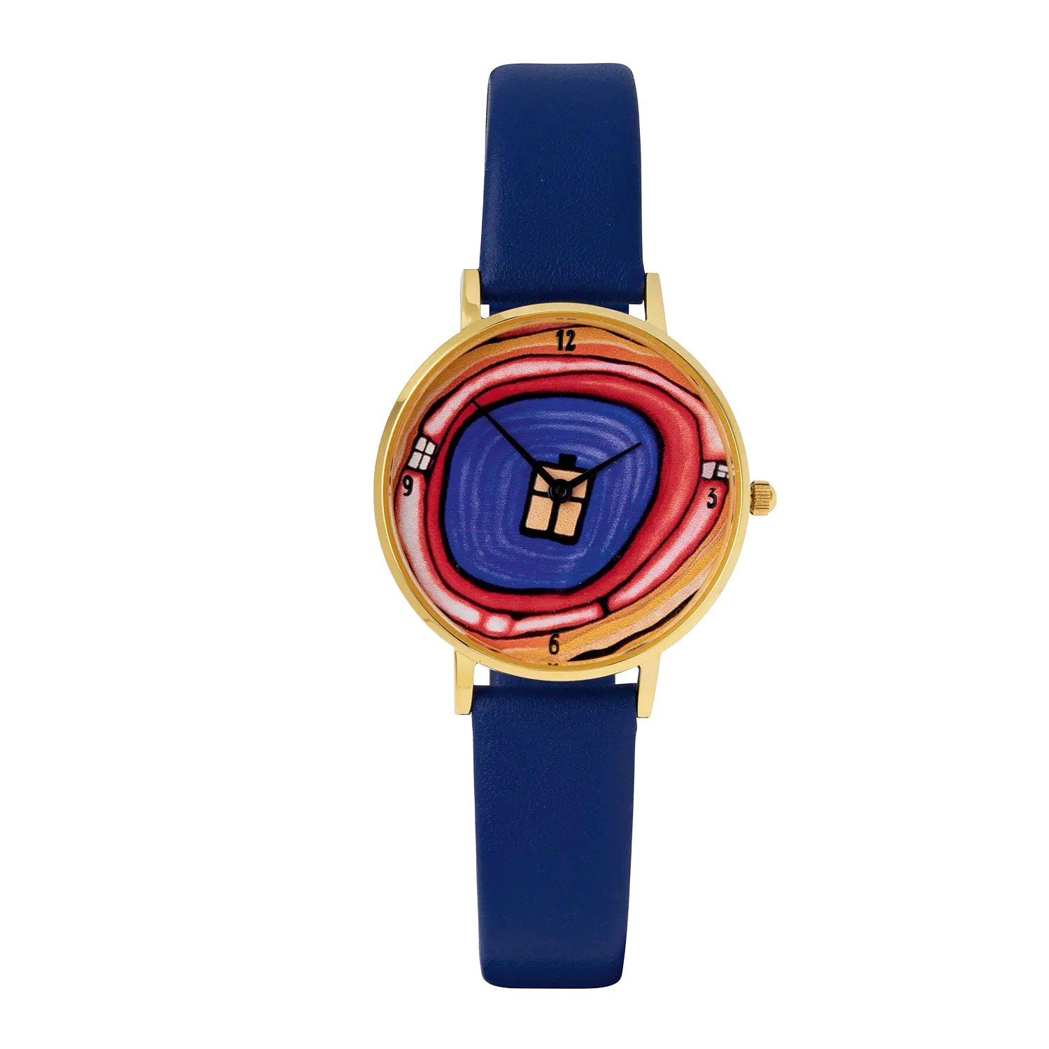 Die ars mundi Künstler-Armbanduhr "Zeitfinder Seelenbaum" mit blauem Band und Goldgehäuse.