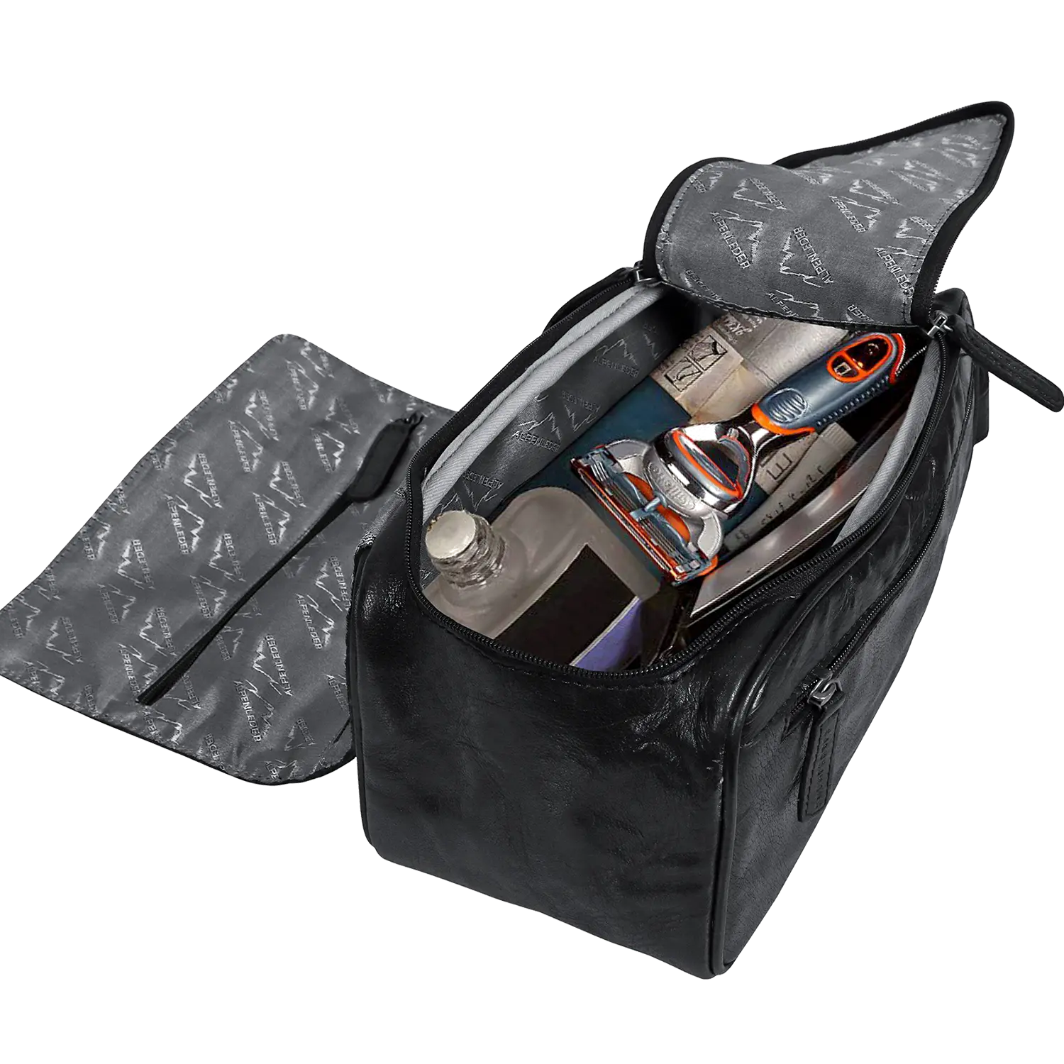 Kulturtasche für Damen und Herren offen, zeigt Rasierer und wasserfestes Futter.