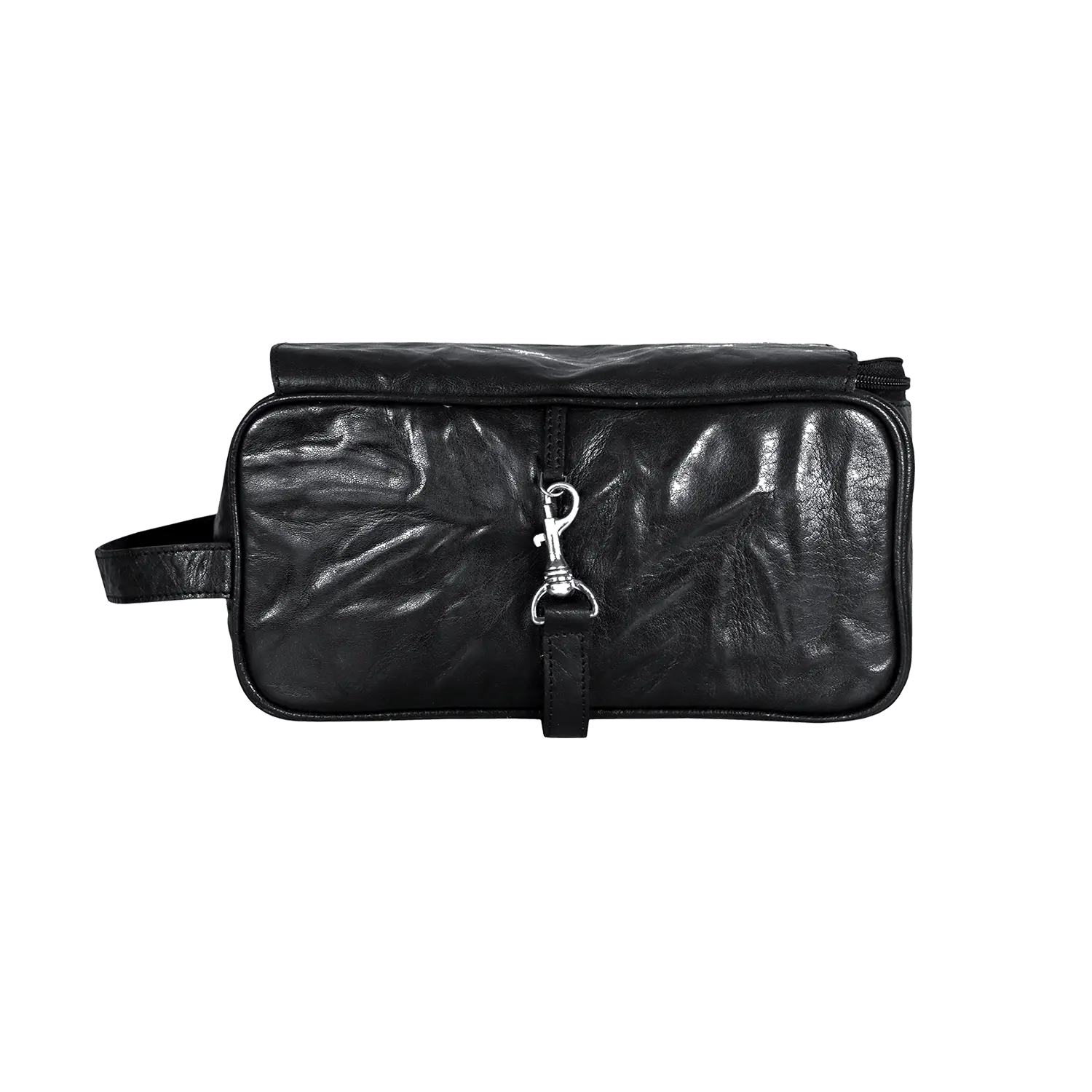 Kulturtasche für Damen und Herren aus schwarzem Leder mit Metallverschluss.