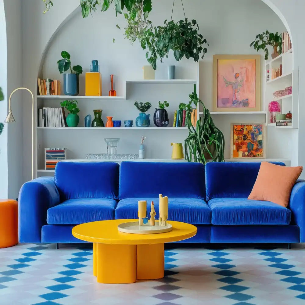Helles Wohnzimmer mit blauem Sofa, gelbem Tisch, Pflanzen und buntem Dekor.