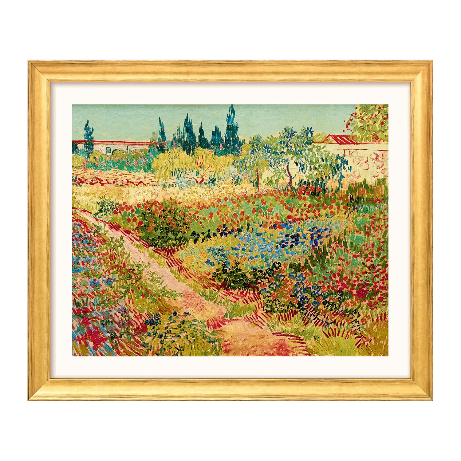 Gerahmtes Set "Vier Landschaftsbilder", inspiriert von Van Gogh, Garten mit Weg.