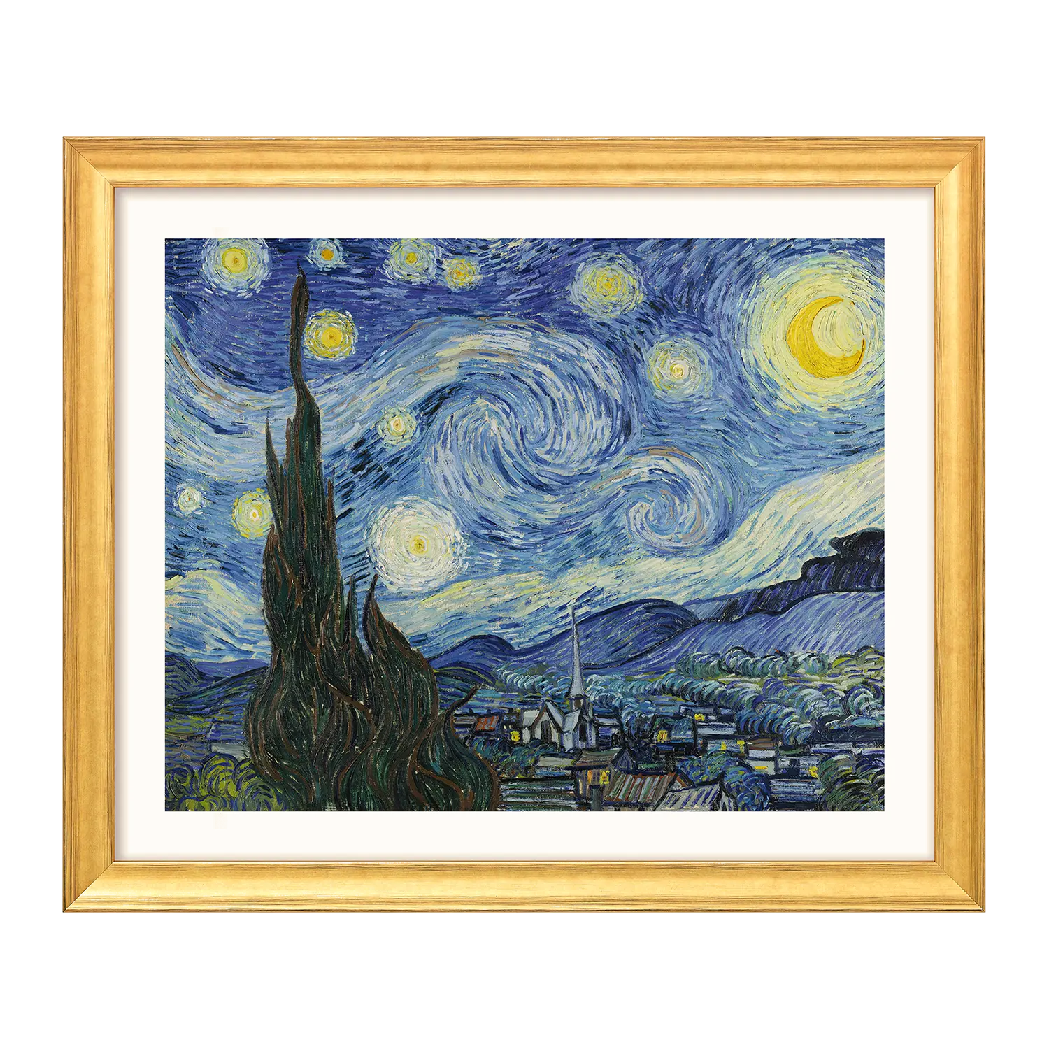 Gerahmte Vier Landschaftsbilder im Set Kunstdruck des wirbelnden Sternenhimmels der Nacht.